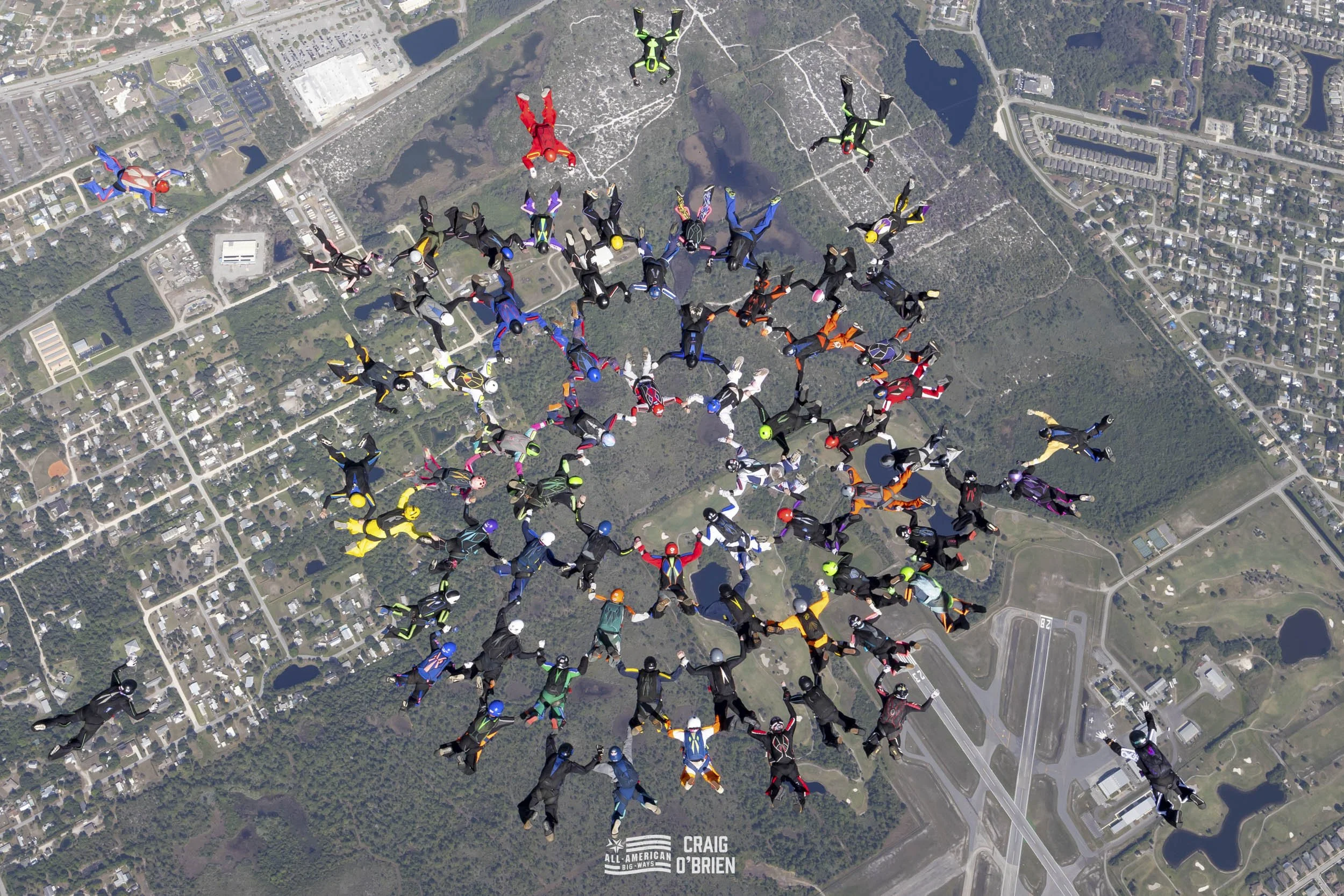 A large group of skydivers in colorful jumpsuits and helmets forming a pattern in the sky over a suburban area with streets, houses, and a park.