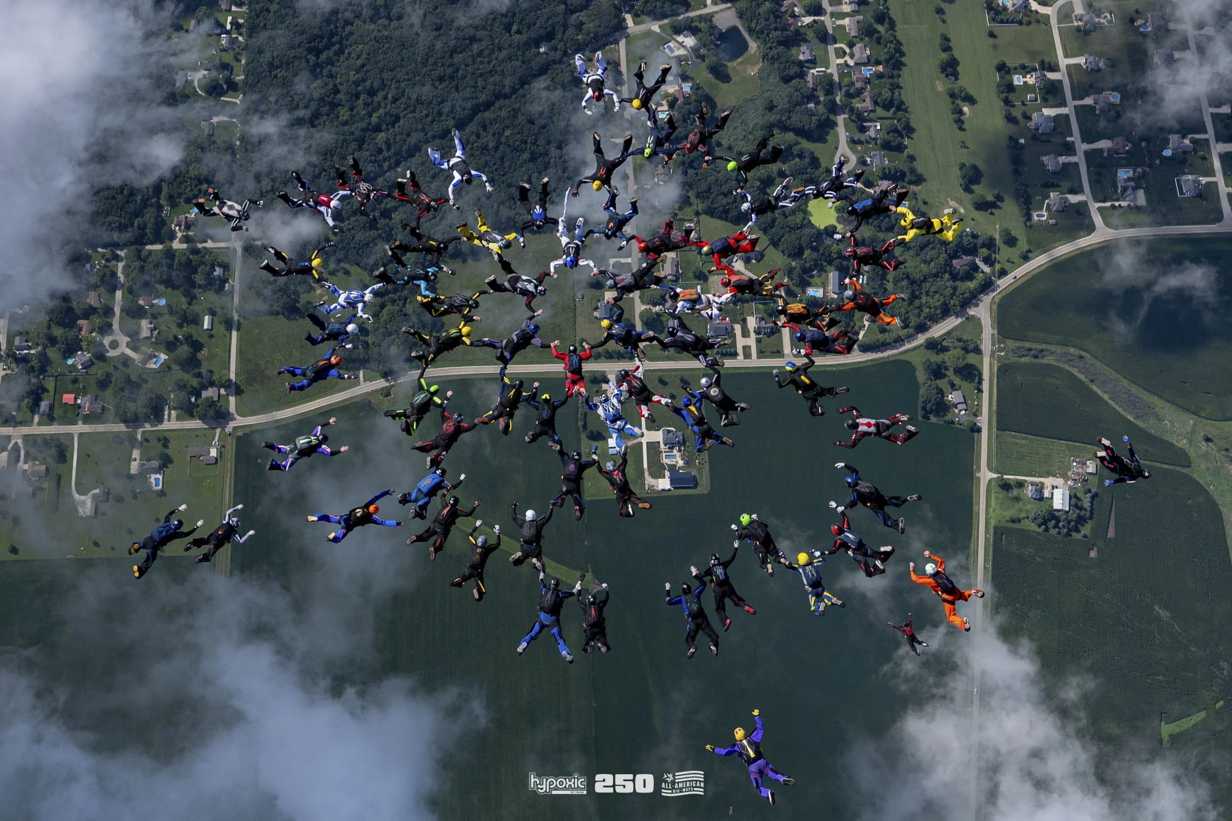 Group of skydivers in free fall above a green landscape, with roads, trees, and small buildings visible below.