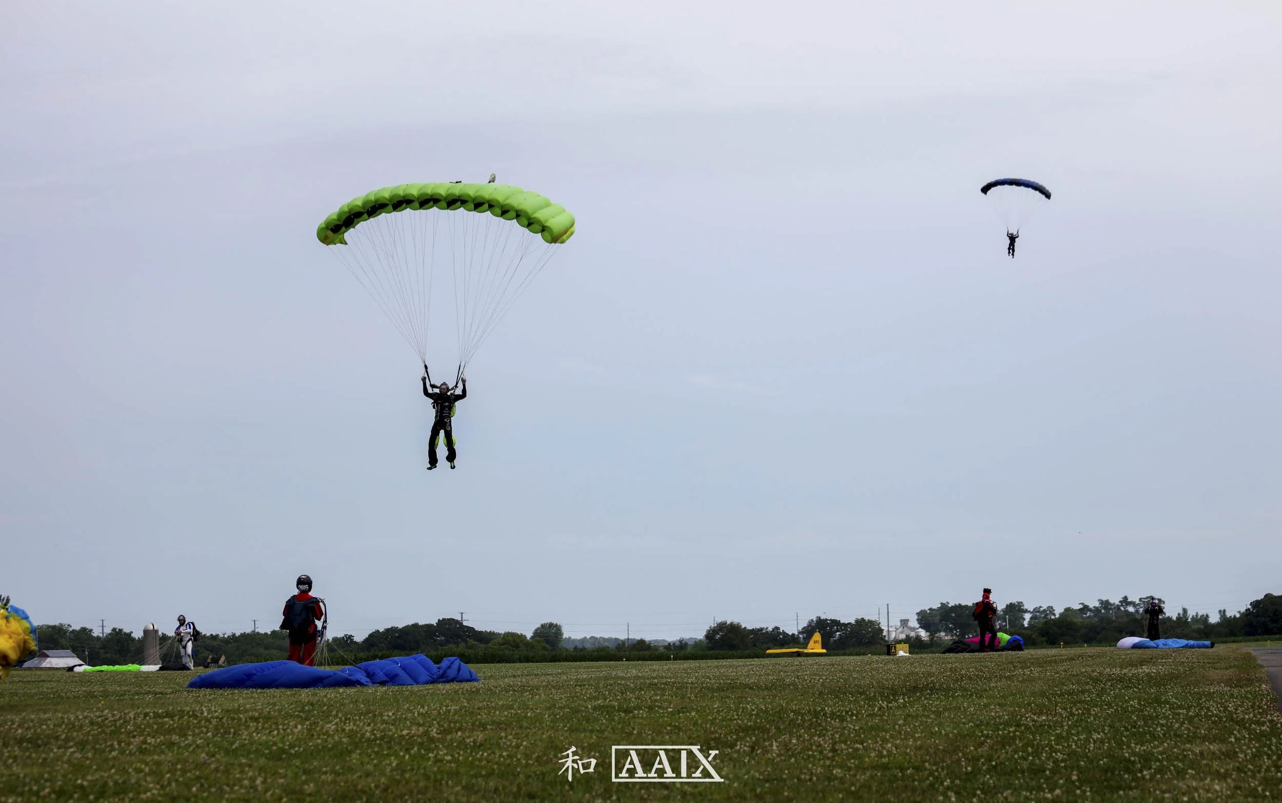 Multiple skydivers preparing for or engaging in a jump on a grassy field, with some already in freefall and others on the ground adjusting equipment, under an overcast sky.