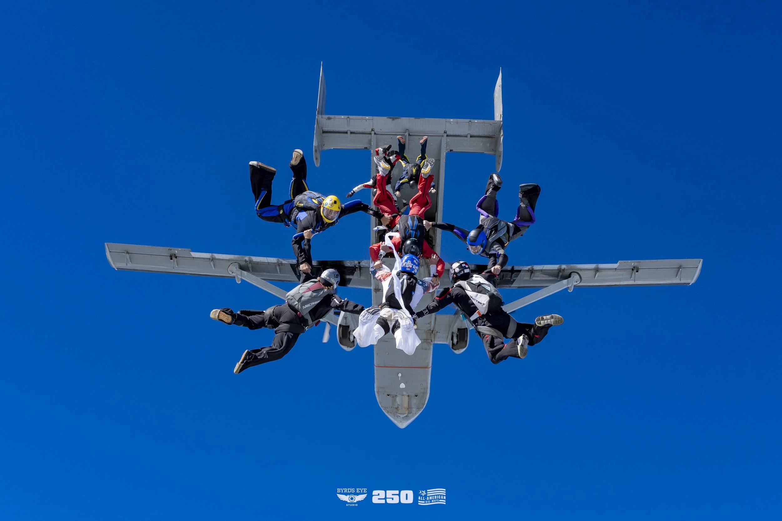 A group of skydivers and the pilot holding hands in a circle beneath an airplane against a clear blue sky.