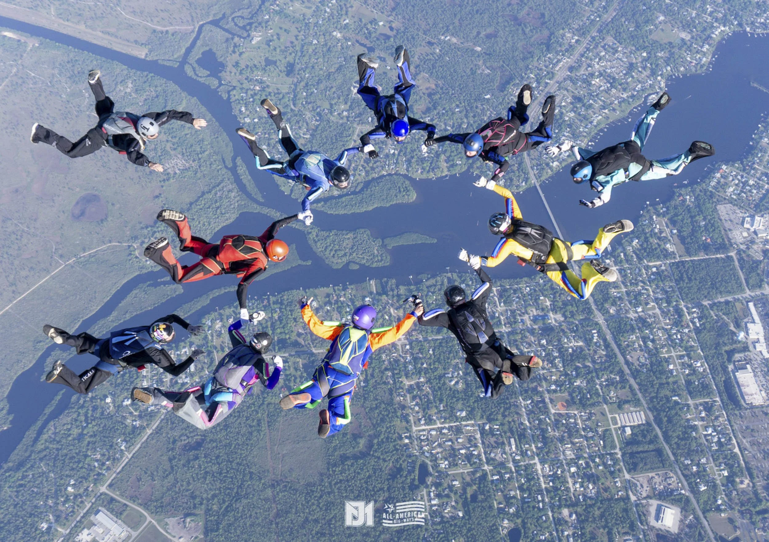 Group of skydivers holding hands in a circle during freefall over a landscape with lakes and city buildings.