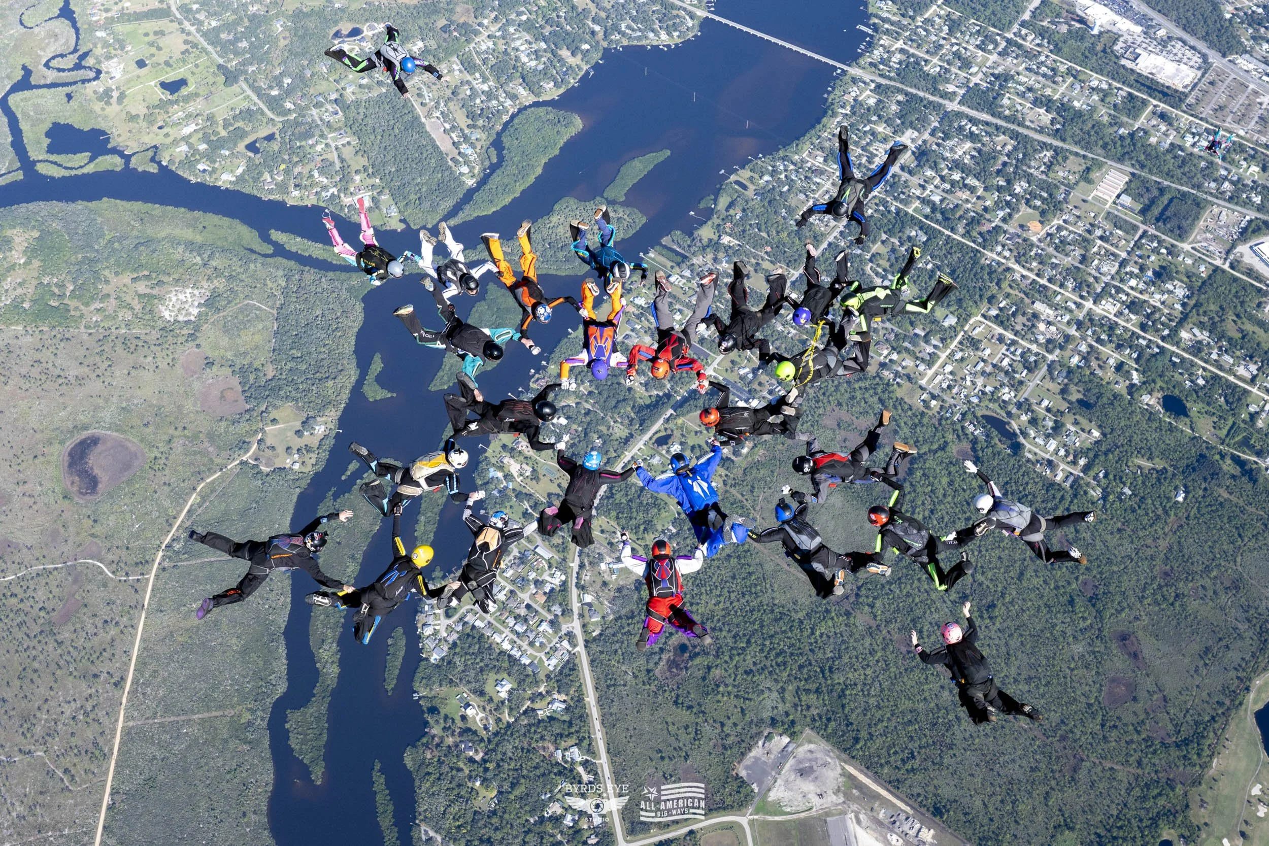 Group of skydivers holding hands in a circle during free fall over a landscape with lakes, forests, and a grid of roads.
