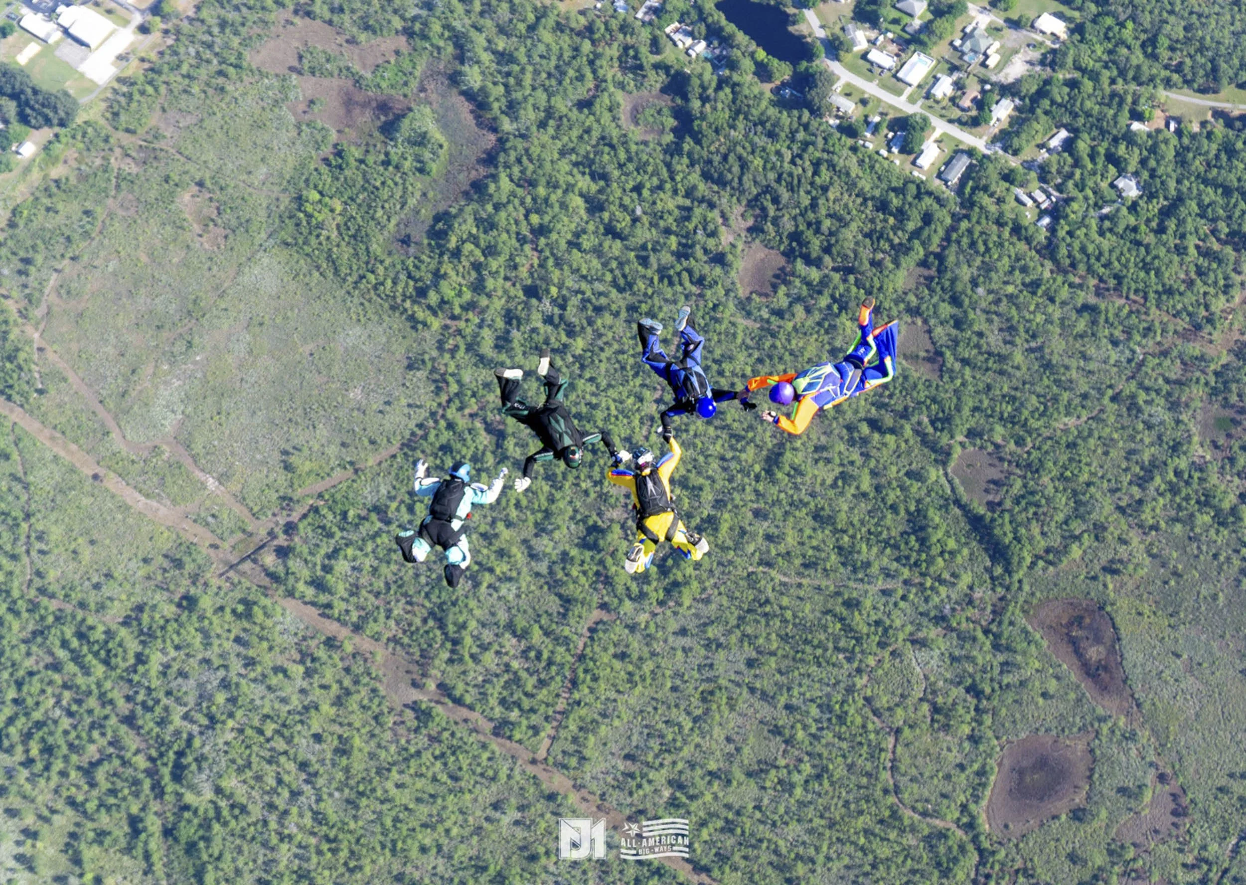 Five skydivers holding hands and forming a circle while free-falling above a landscape of trees, fields, and a residential area.