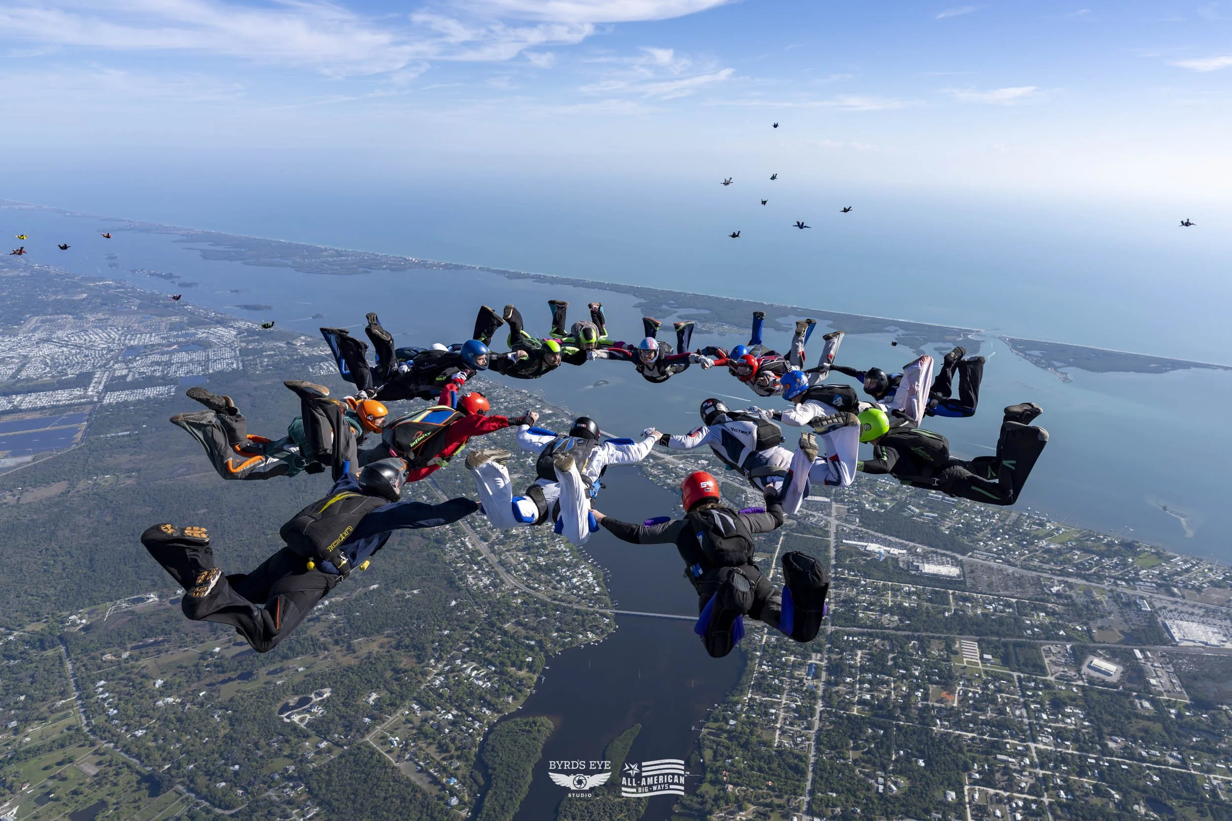A group of skydivers in colorful jumpsuits and helmets holding hands in a circle during a tandem skydive over a landscape with lakes, roads, and buildings.