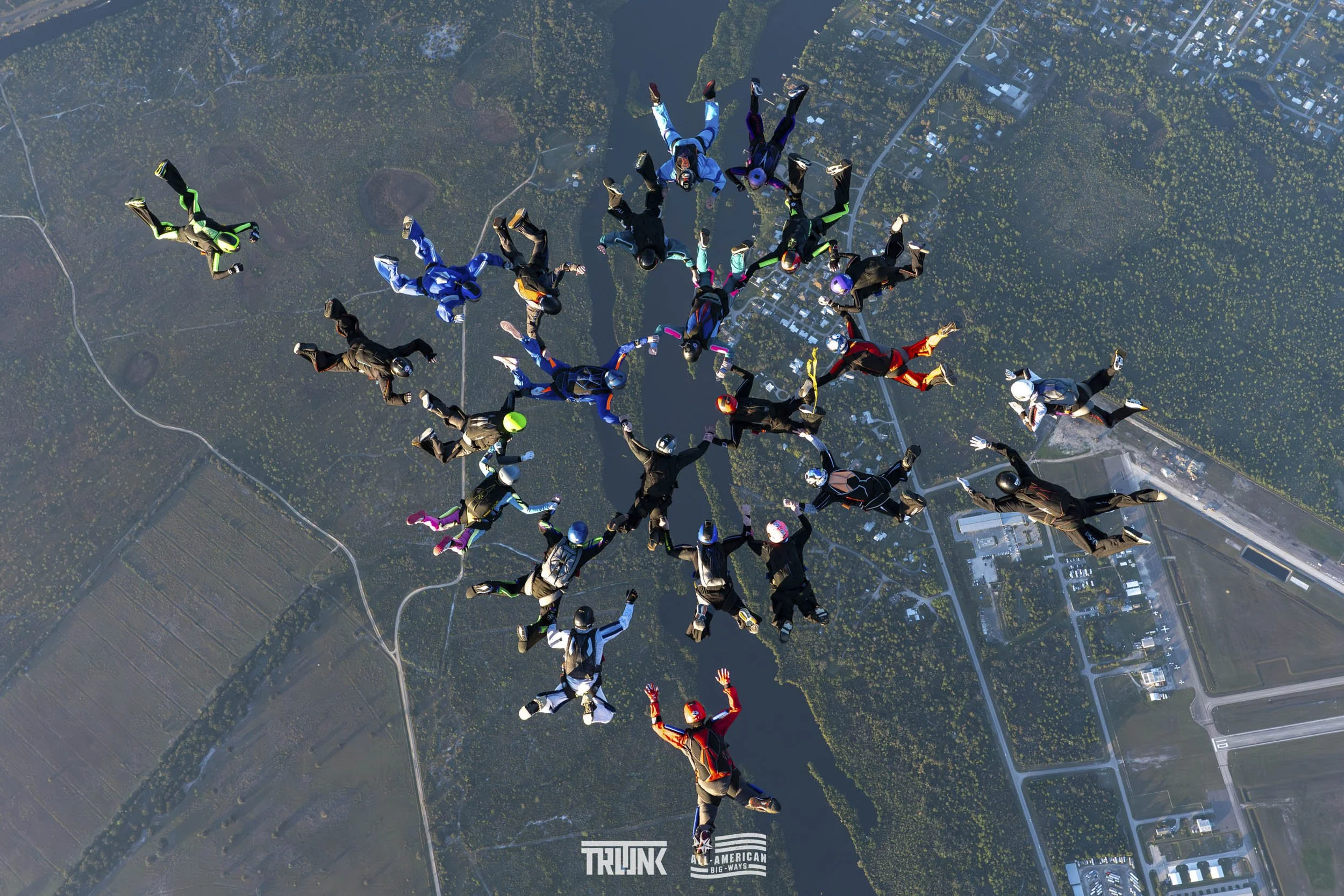 Skydivers in freefall forming a large circle over a landscape with trees, roads, and buildings.