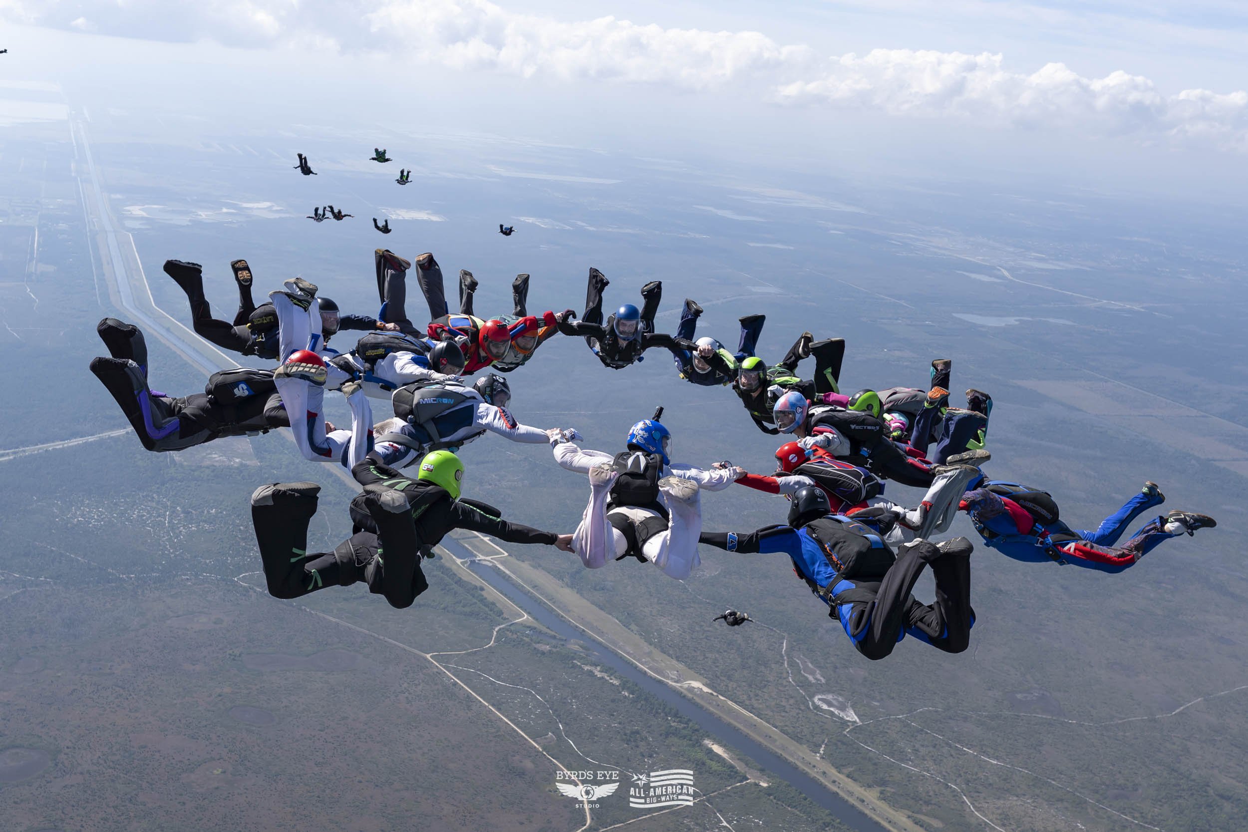 Group of skydivers holding hands and forming a circle in freefall over a landscape with roads and fields, with some skydivers in the distance.