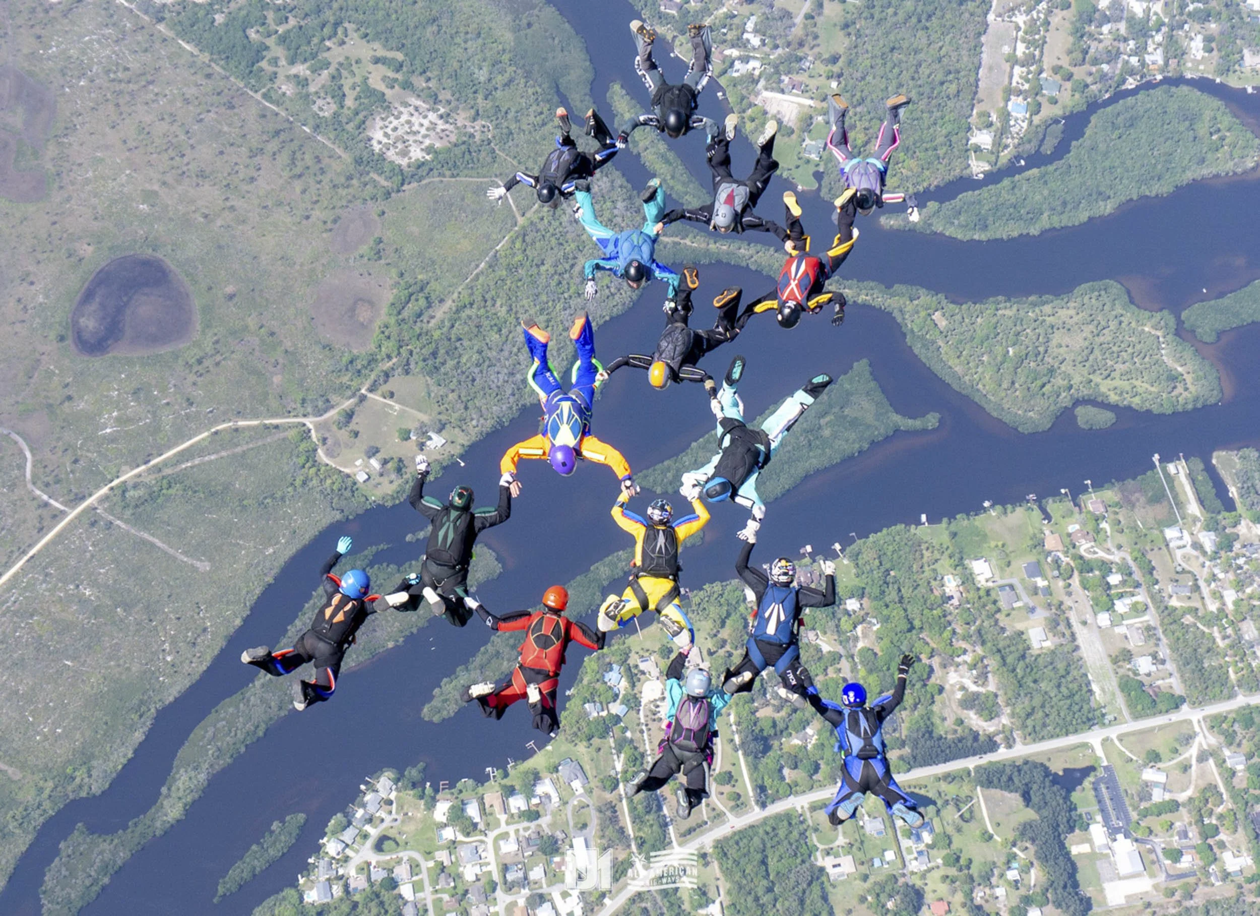 A group of skydivers in colorful jumpsuits and helmets forming a circle while mid-air above a landscape with lakes, trees, roads, and buildings.