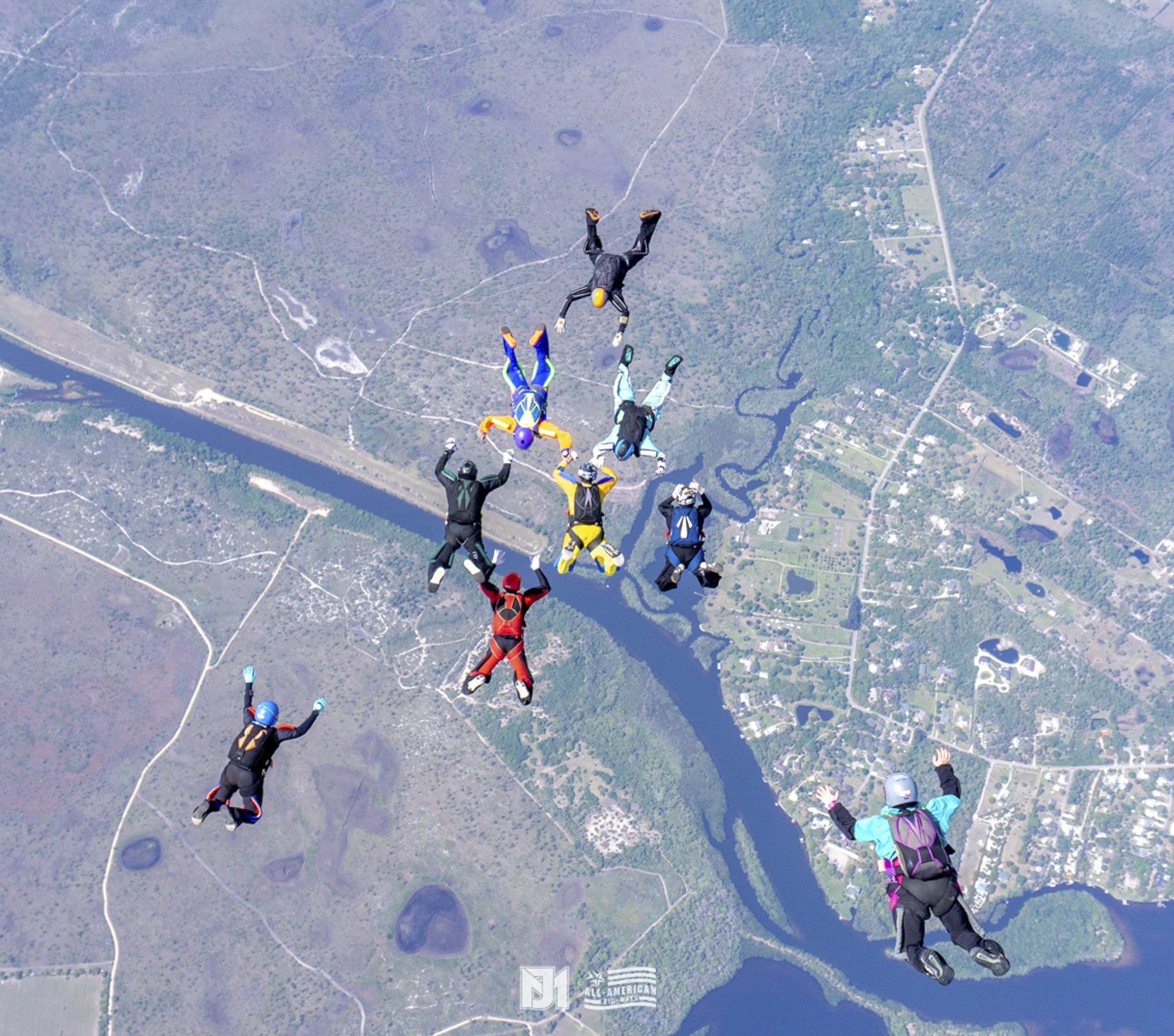 A group of skydivers in colorful jumpsuits and helmets are freefalling over a river and landscape below during a tandem jump.