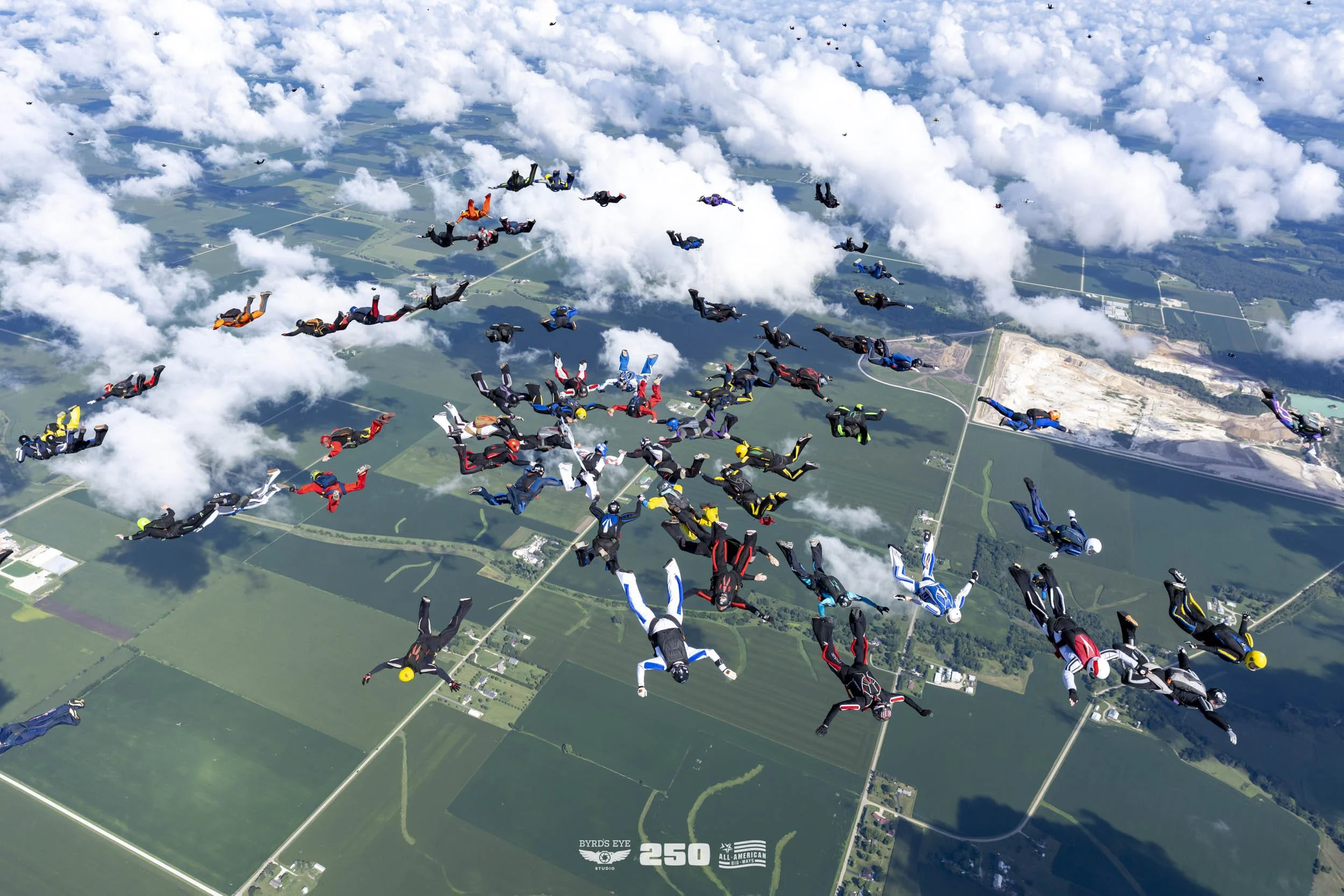 Skydivers in colorful suits and helmets are free-falling above a patchwork of green fields and farmland beneath a partly cloudy sky.