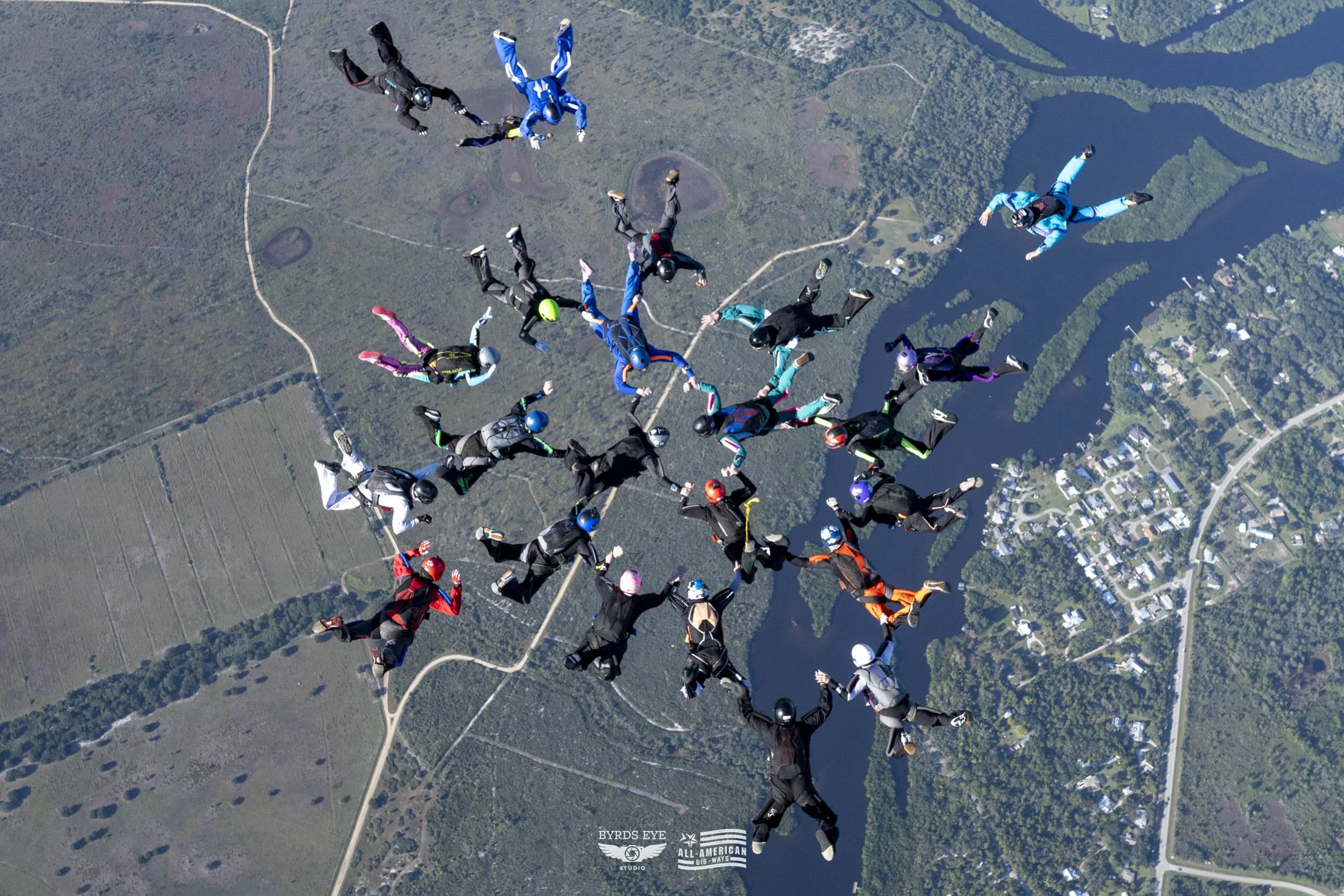 A group of skydivers in colorful jumpsuits and helmets forming a circle in freefall over a landscape with lakes, trees, and roads.