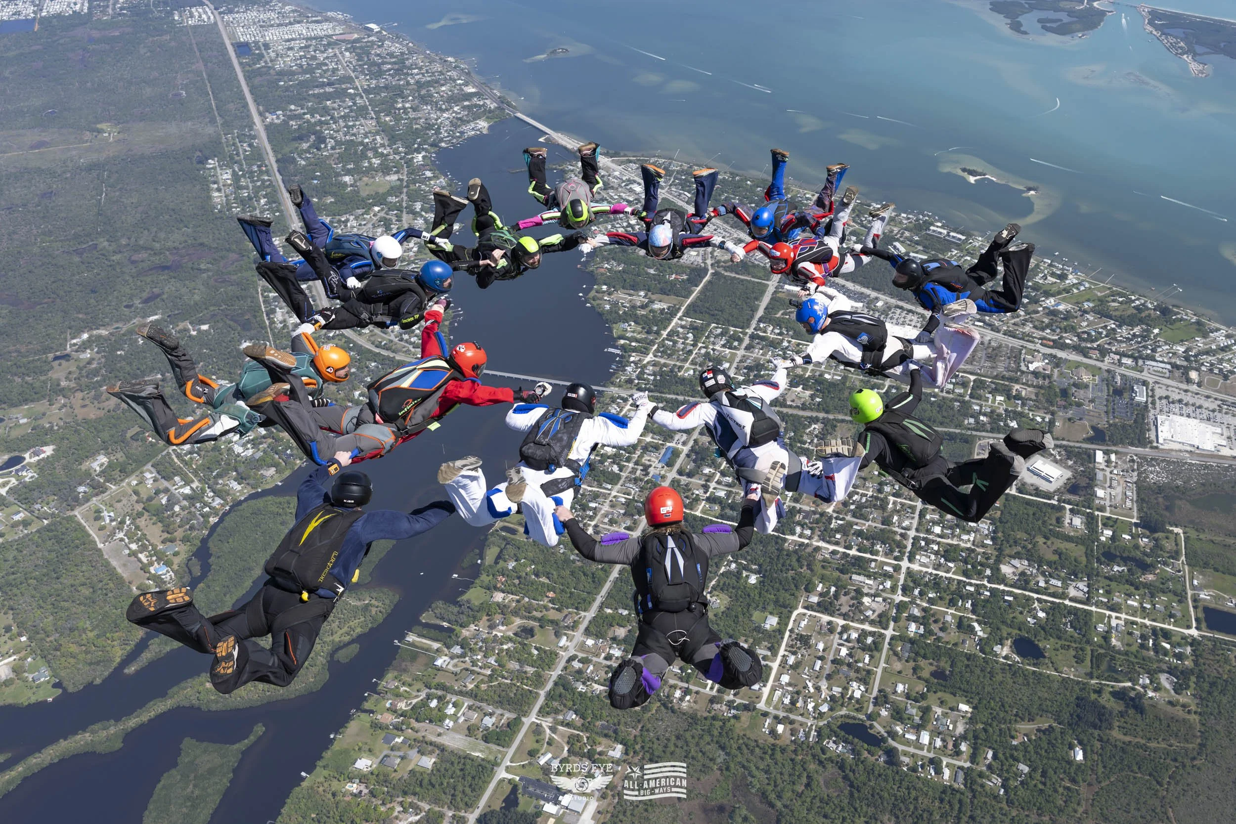 A group of tandem skydivers forming a circle in midair above a landscape with water and roads.