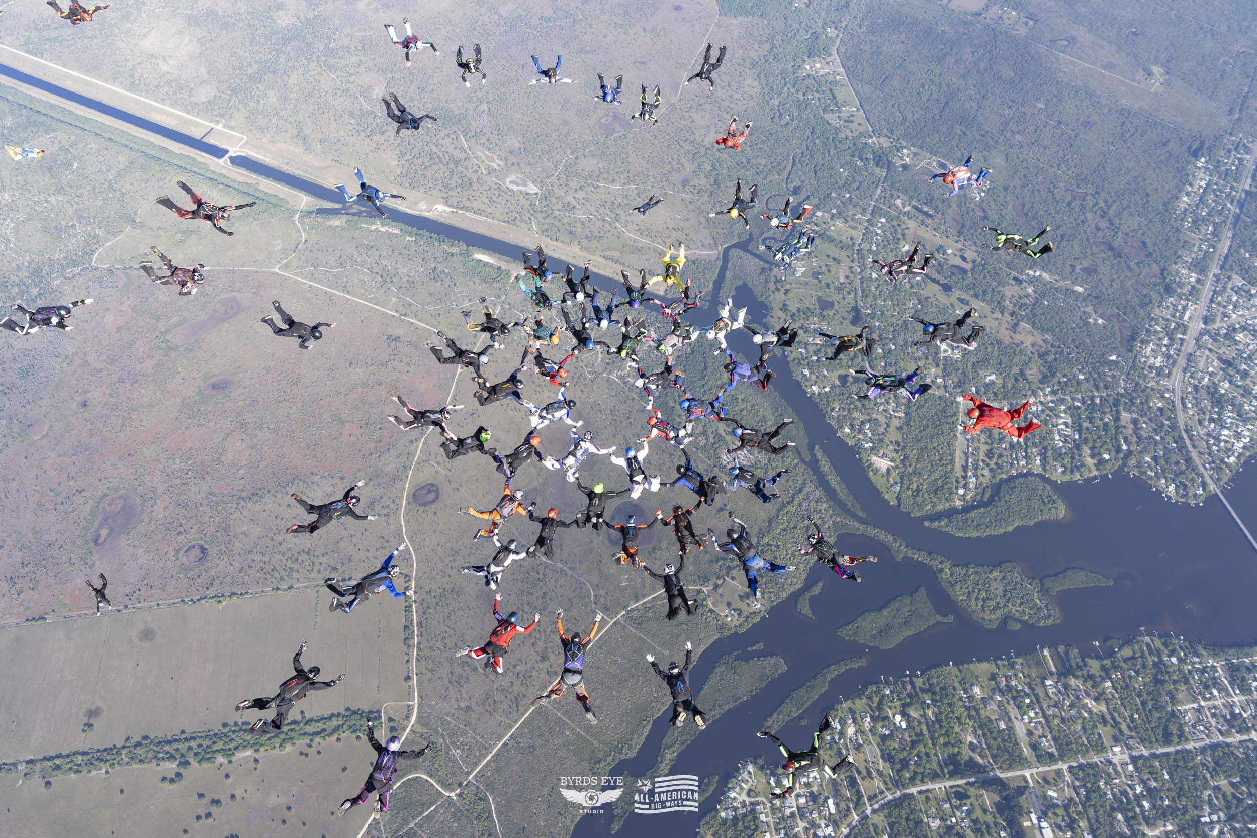 Skydivers descending over a landscape with water bodies and greenery, in formation, wearing colorful jumpsuits.