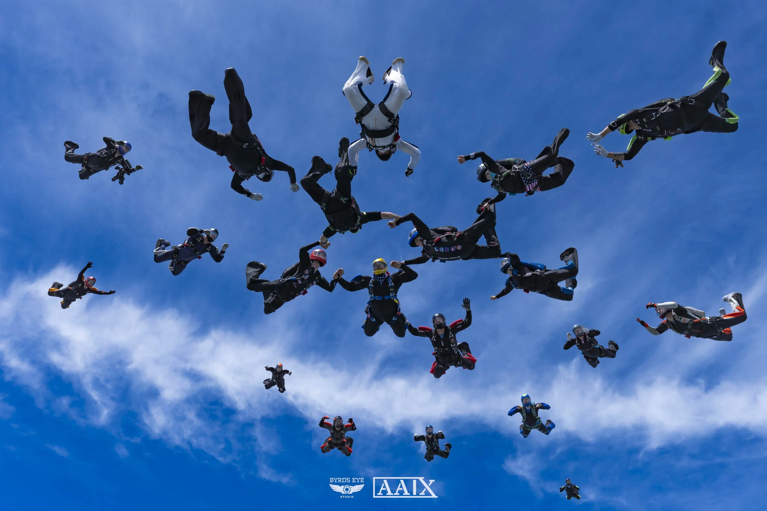 Group of skydivers in freefall formation against a blue sky with some clouds, holding hands and making various poses.