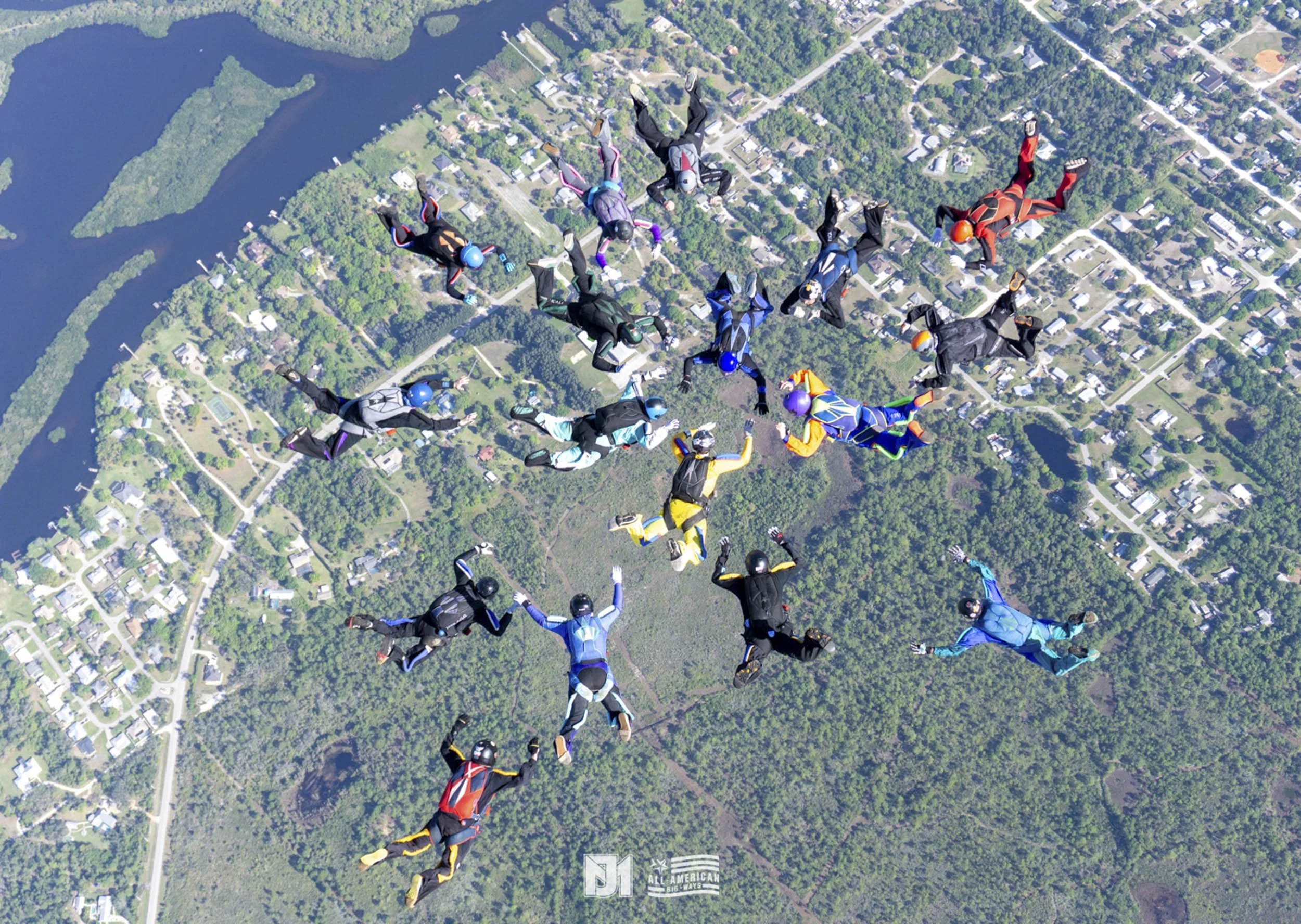 Group of skydivers in colorful jumpsuits and helmets forming a circle in mid-air above a green landscape and lake.
