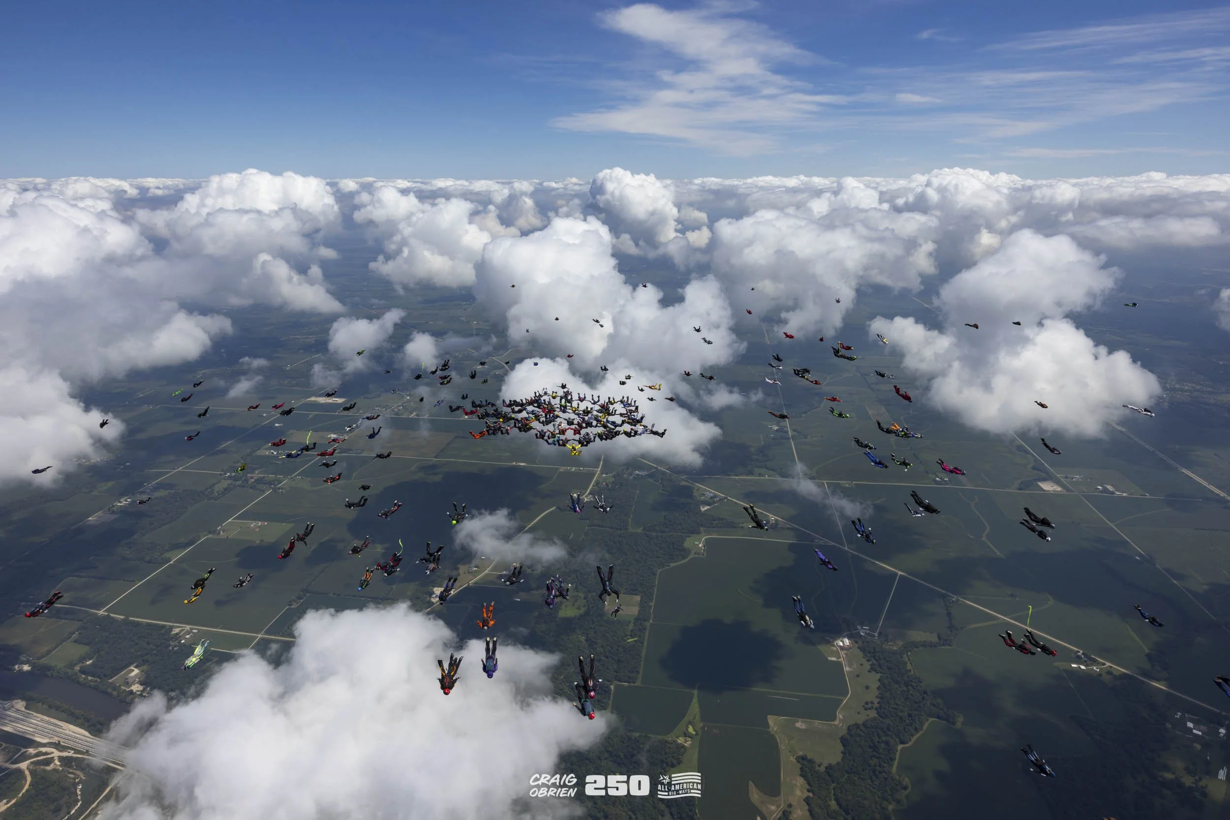 Group of skydivers in free fall above a landscape with clouds, fields, and roads.