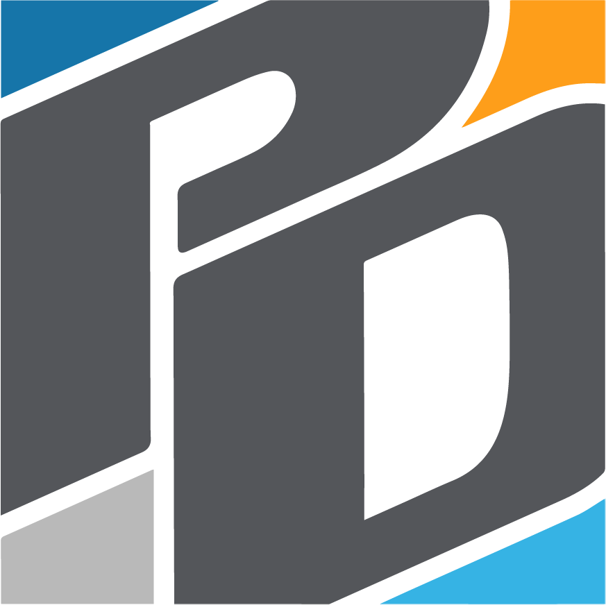 Close-up of a stylized logo with bold, black, gray, blue, yellow, and gray sections, featuring a large gray 'P' and 'D' with some colorful design elements.