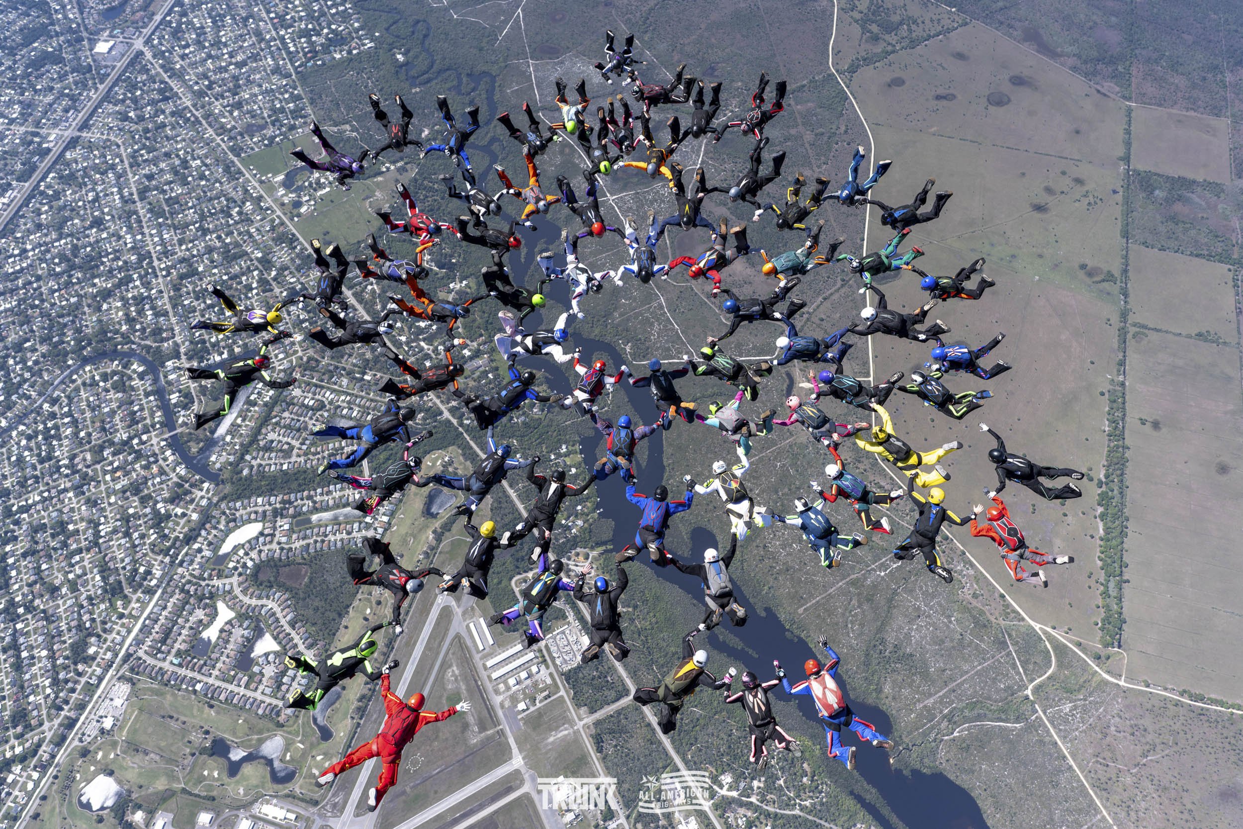 A large group of skydivers in colorful jumpsuits and helmets are free-falling above a landscape with a river, roads, and residential areas, forming a circular pattern.