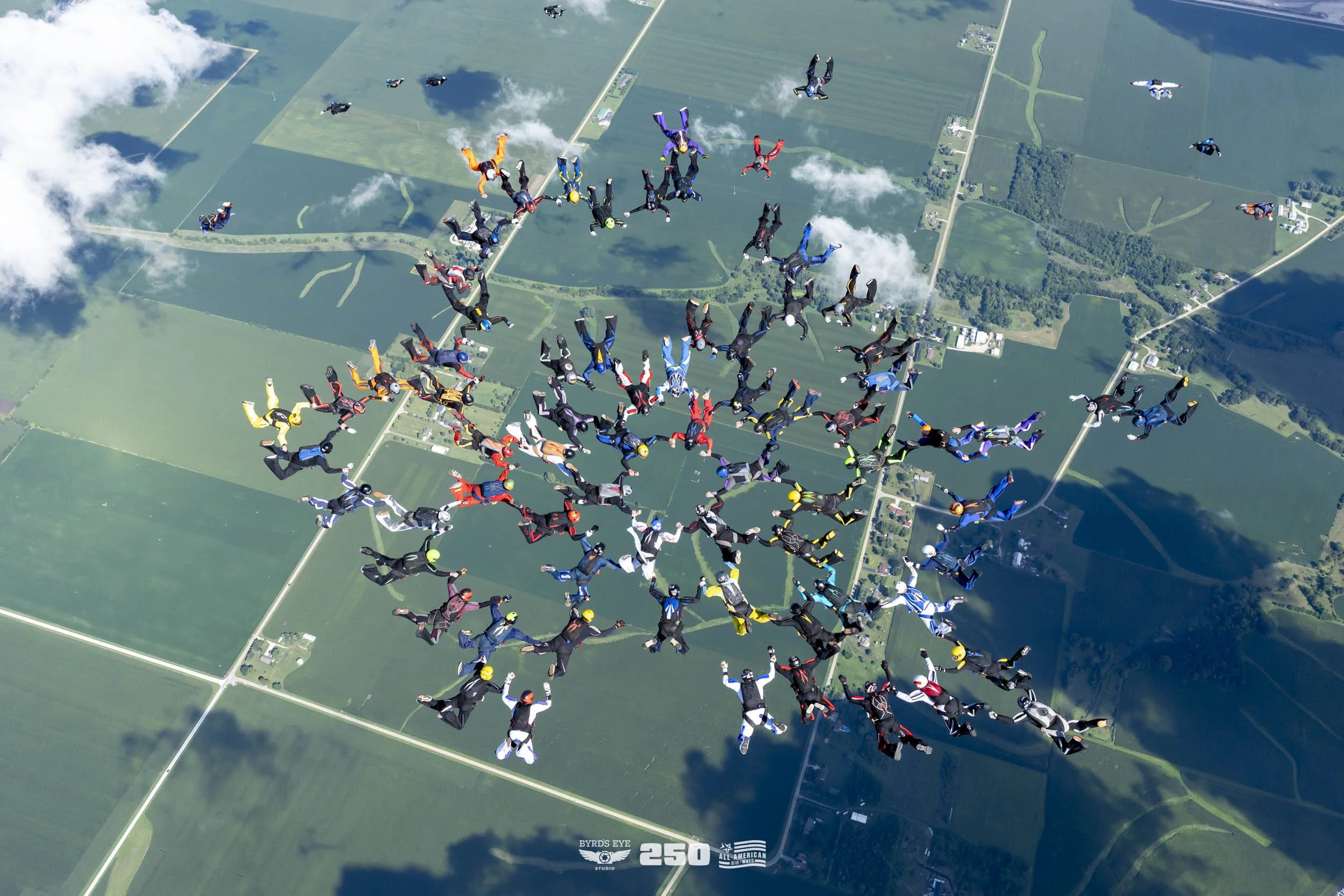 Group of skydivers in colorful jumpsuits forming a heart shape while jumping over a green landscape with fields and roads.