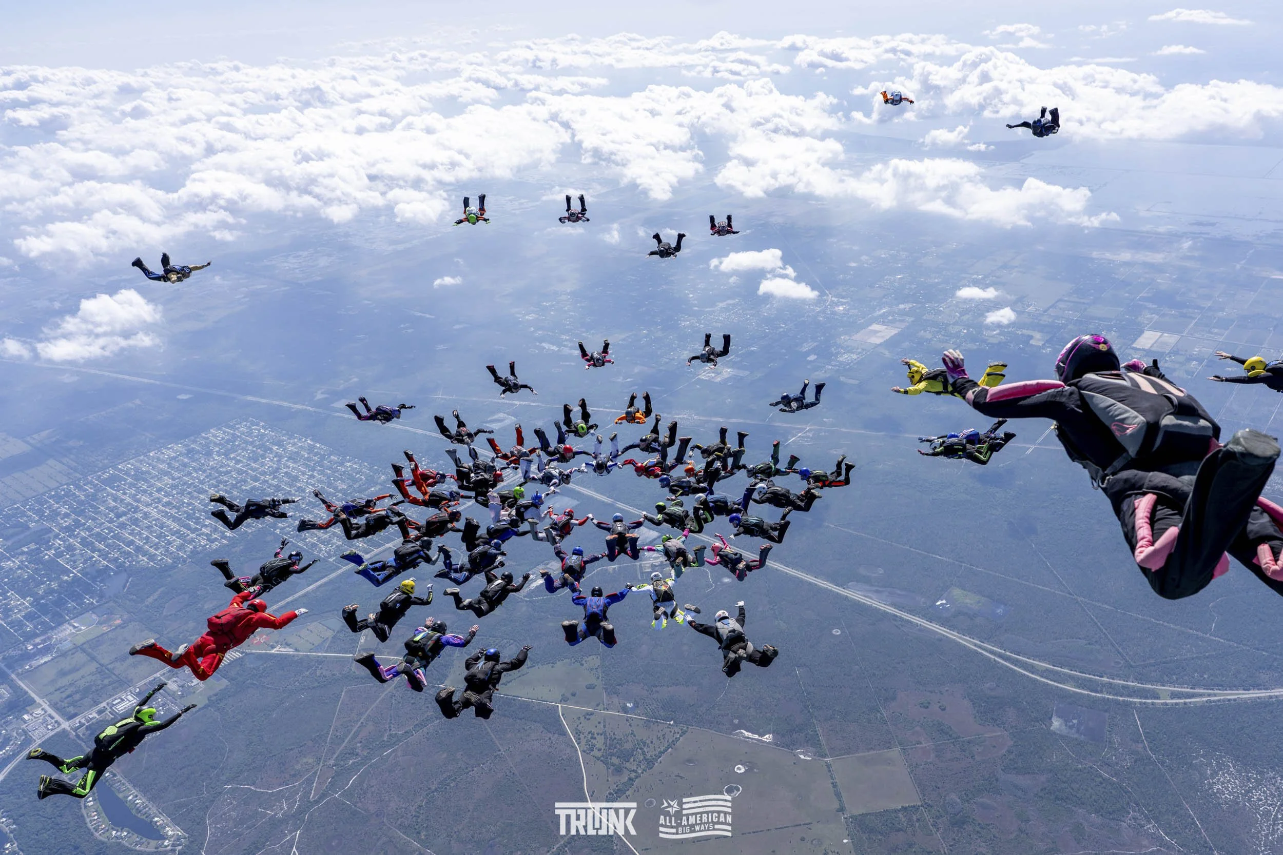 Group of skydivers in freefall formation above the landscape with clouds and land below.