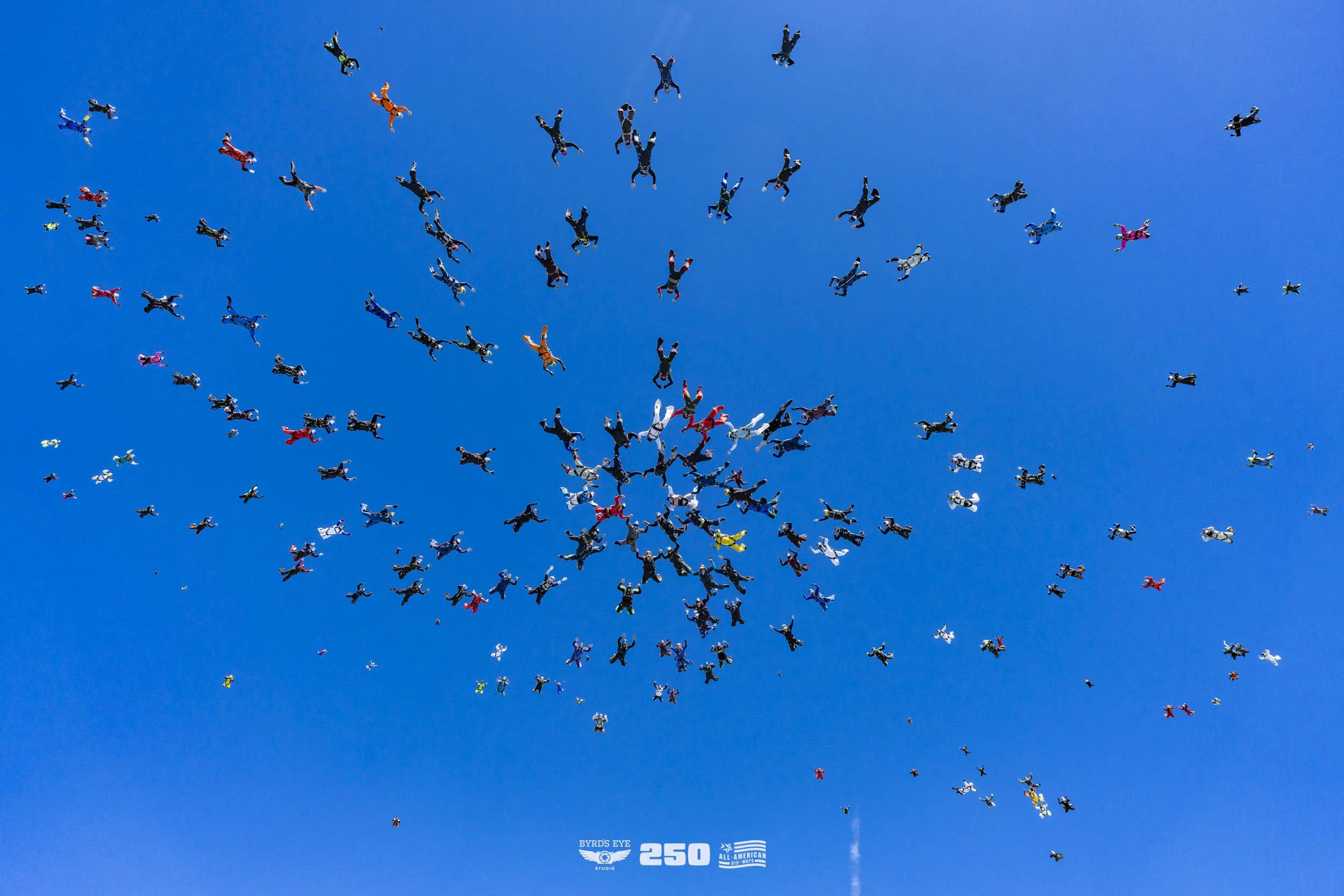 Numerous skydivers in colorful jumpsuits free-falling through a clear blue sky, with some forming a cluster and others dispersed at various altitudes.