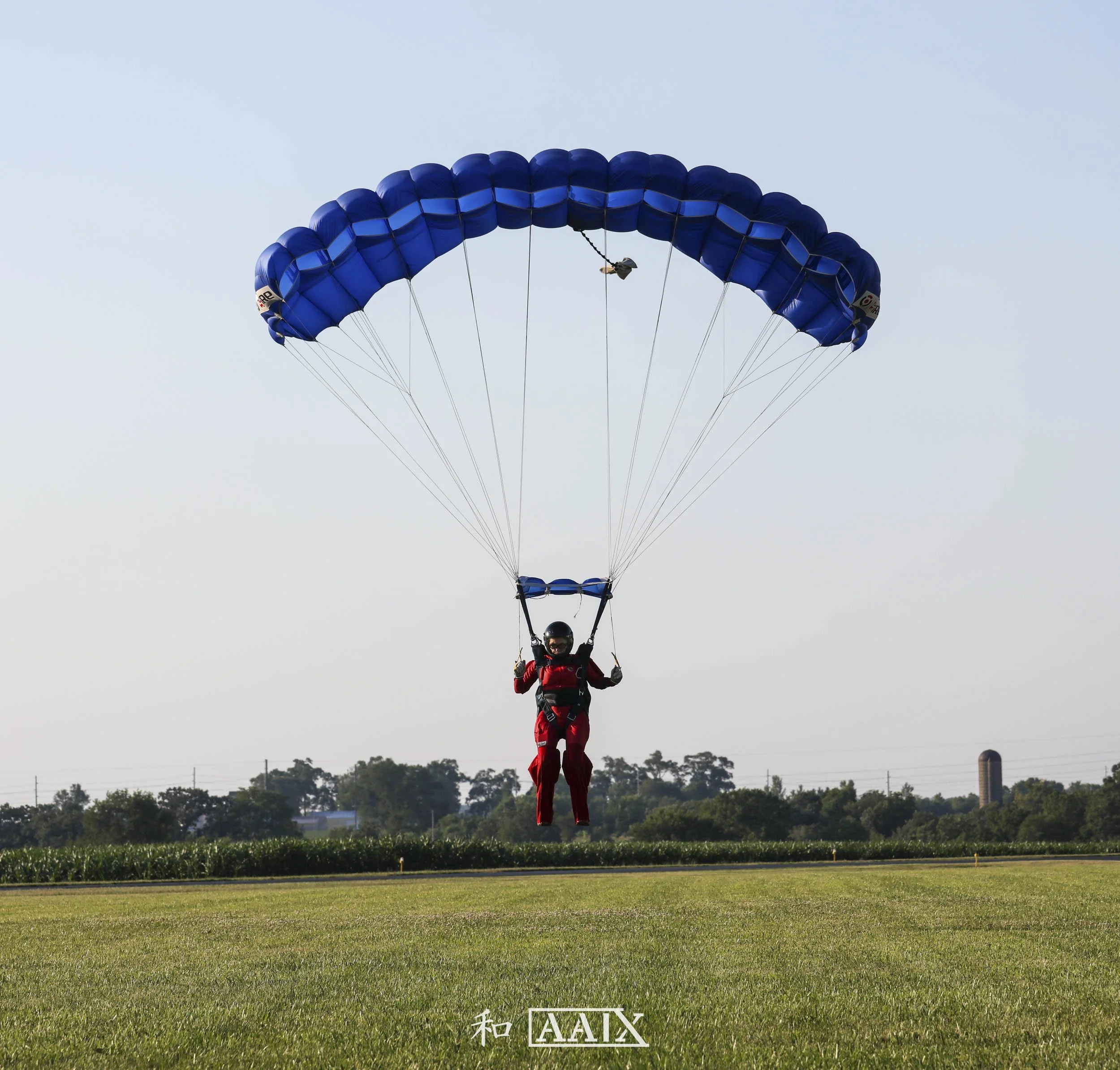 Skydiver descending with a blue parachute over a grassy field.
