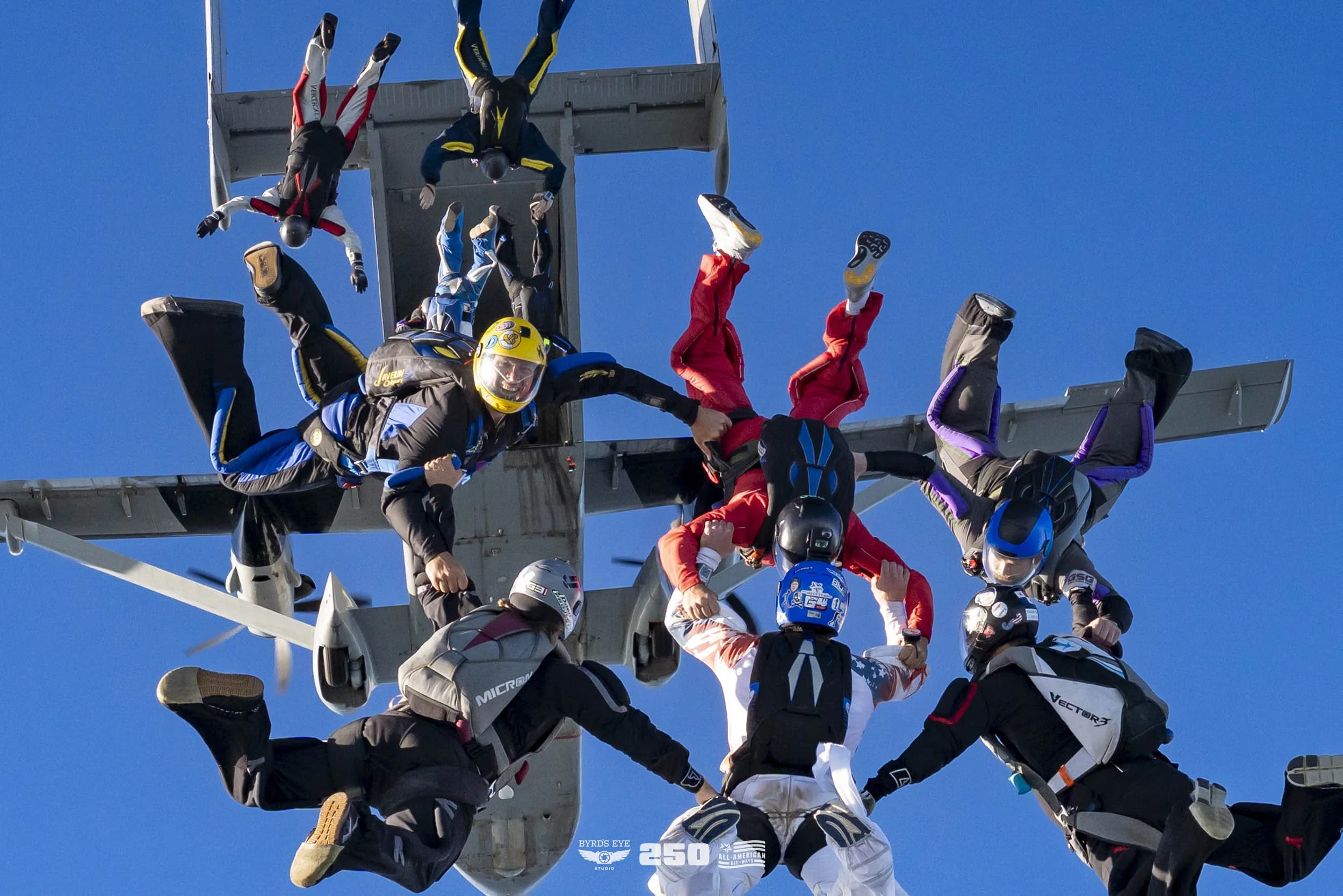 A group of skydivers in freefall forming a circle around a central person, with clear blue sky in the background.