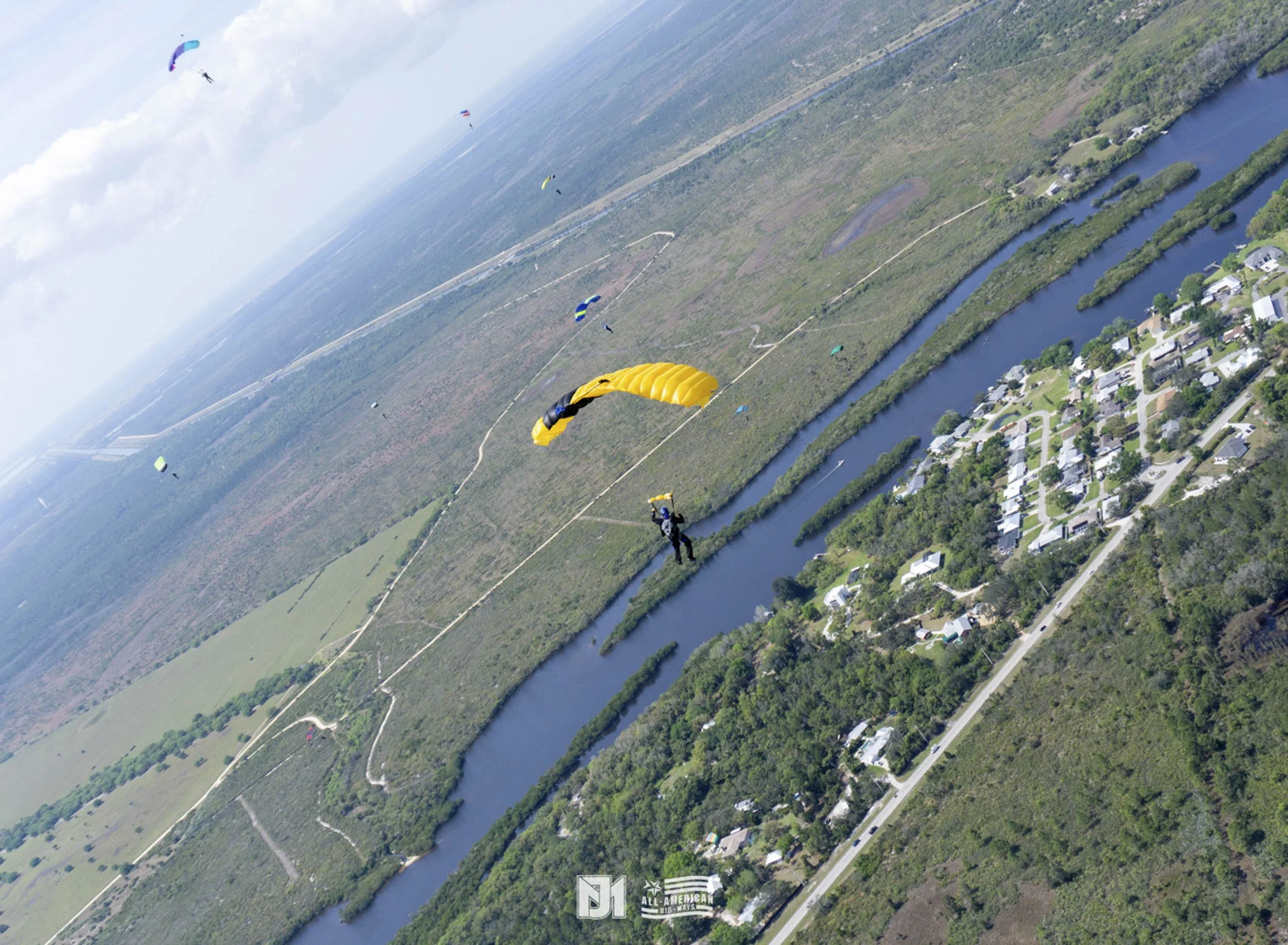 Skydivers descending over a rural area with houses, roads, and a river, with several colorful parachutes open in the sky.
