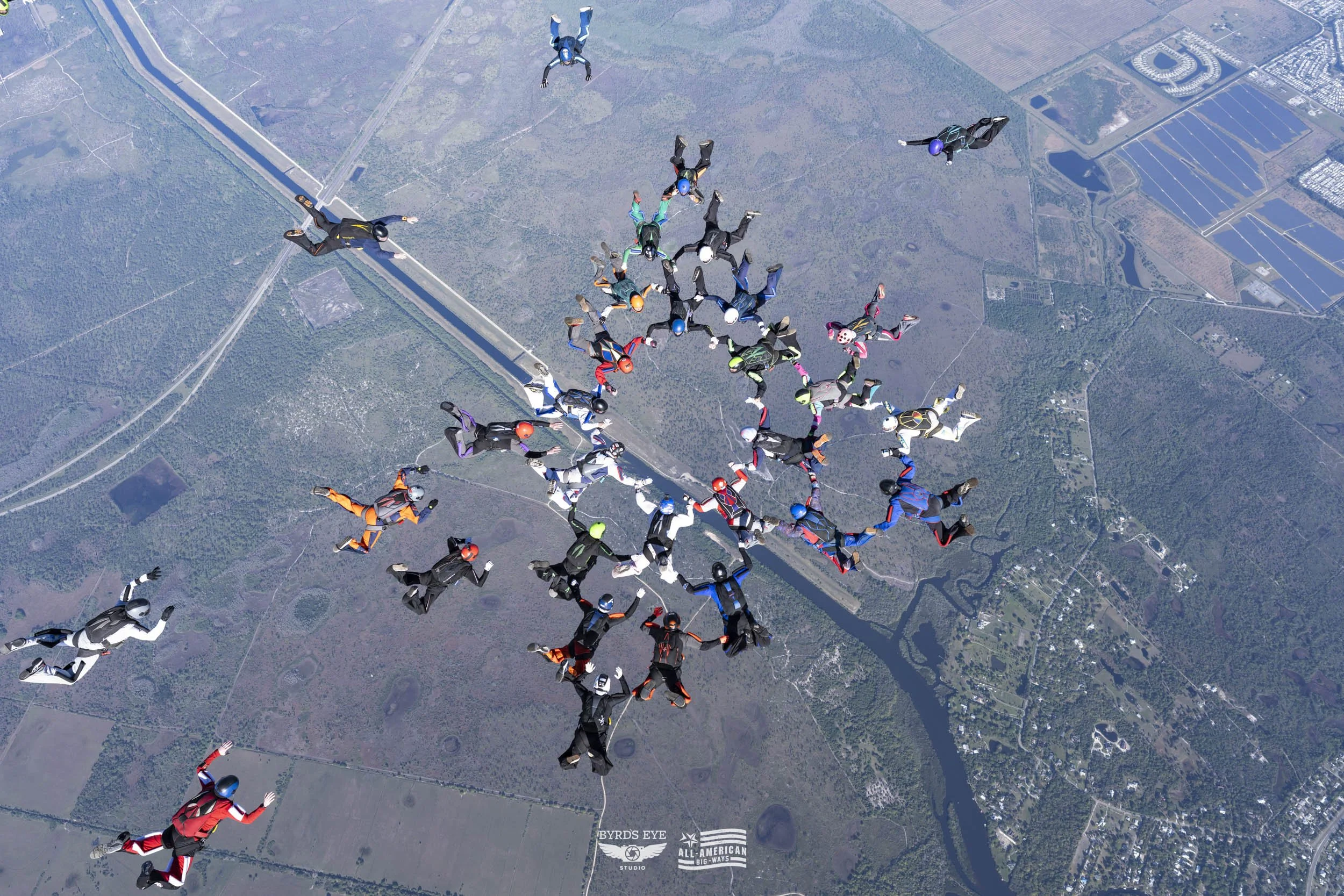 Group of skydivers in free fall over a landscape with fields, water bodies, and a highway, wearing colorful jumpsuits and helmets.