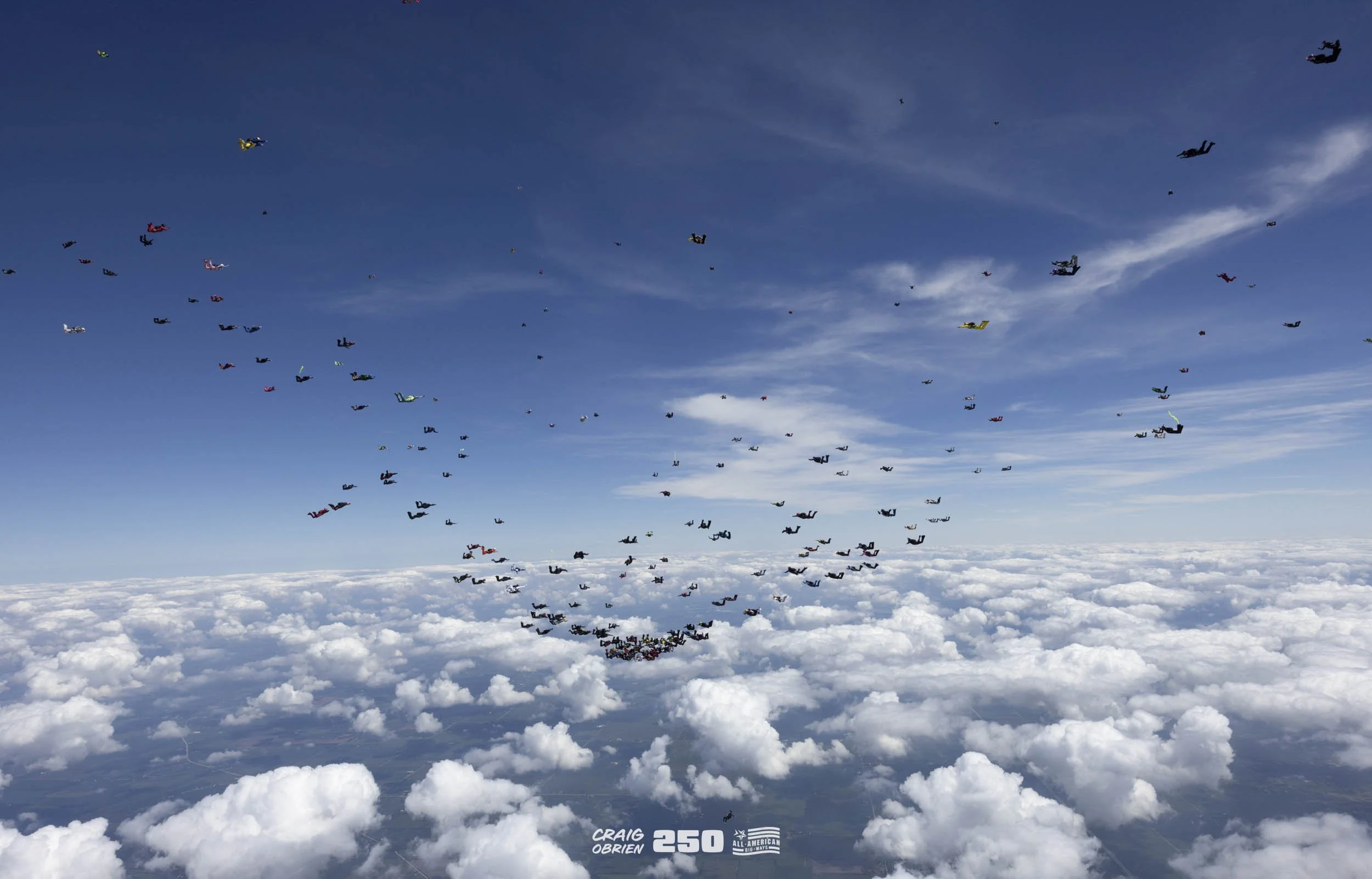 Many skydivers in colorful jumpsuits free-fall through the sky above fluffy white clouds, with a clear blue sky in the background.