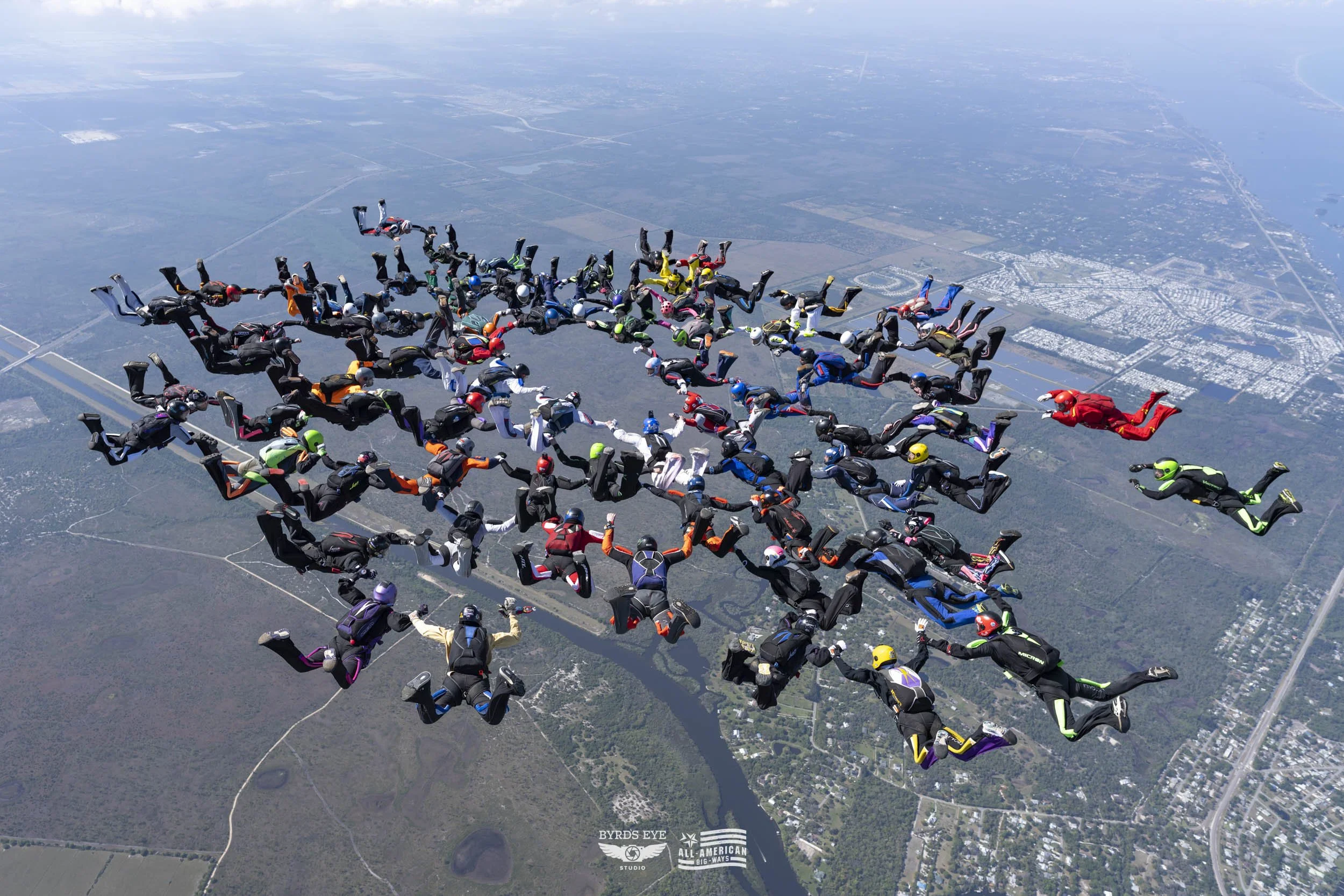 Group of skydivers in colorful jumpsuits and helmets forming a formation mid-air above a landscape with a river, forests, and buildings.