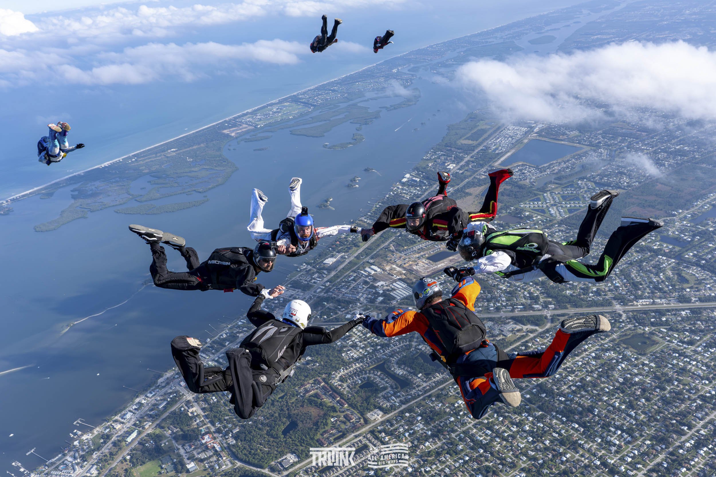 Group of skydivers holding hands in a circle during freefall over a landscape with water, roads, and buildings, with some skydivers in the distance and clouds in the sky.