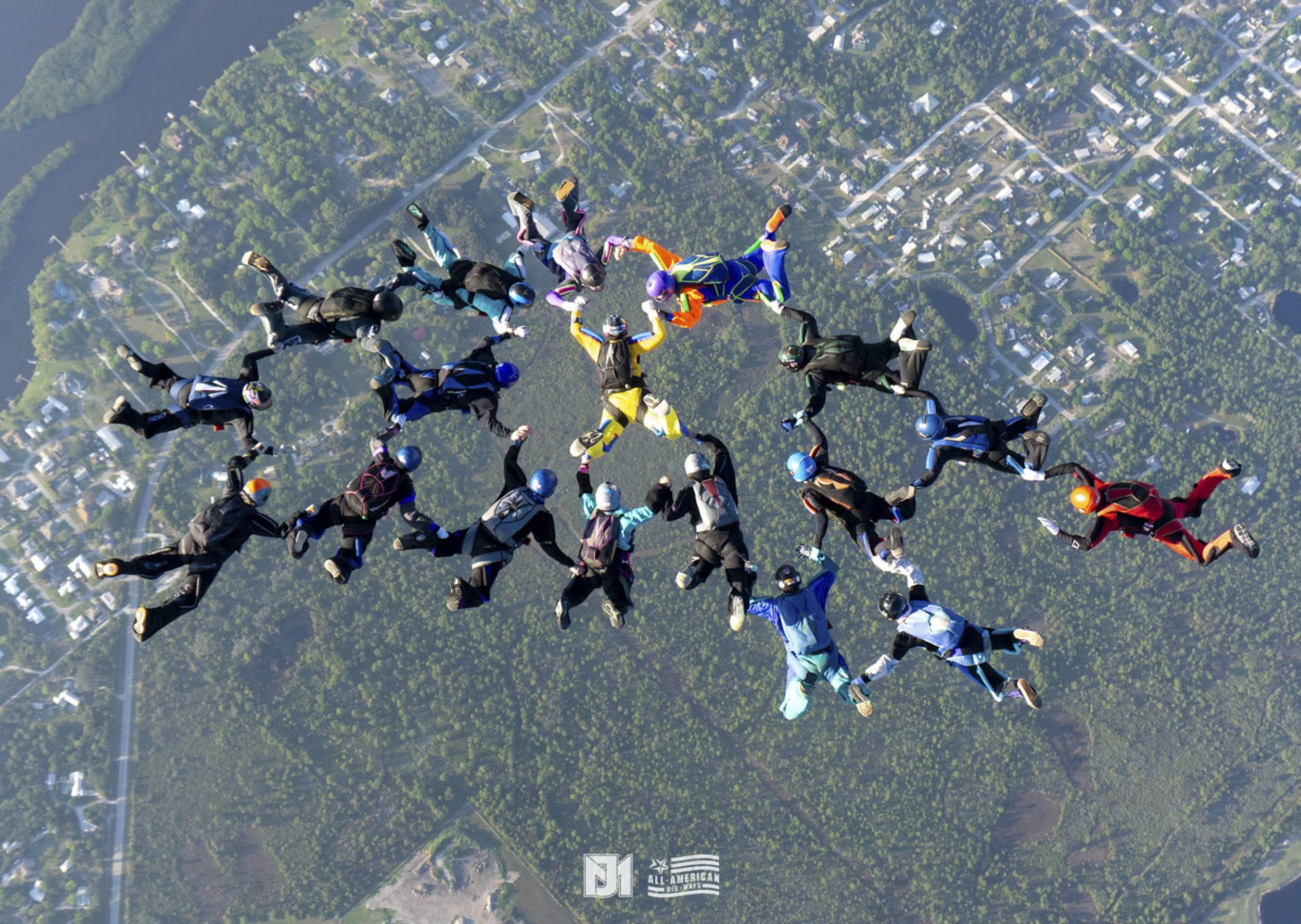 Group of skydivers forming a circle in mid-air over a landscape of trees and residential area, wearing colorful jumpsuits and helmets.