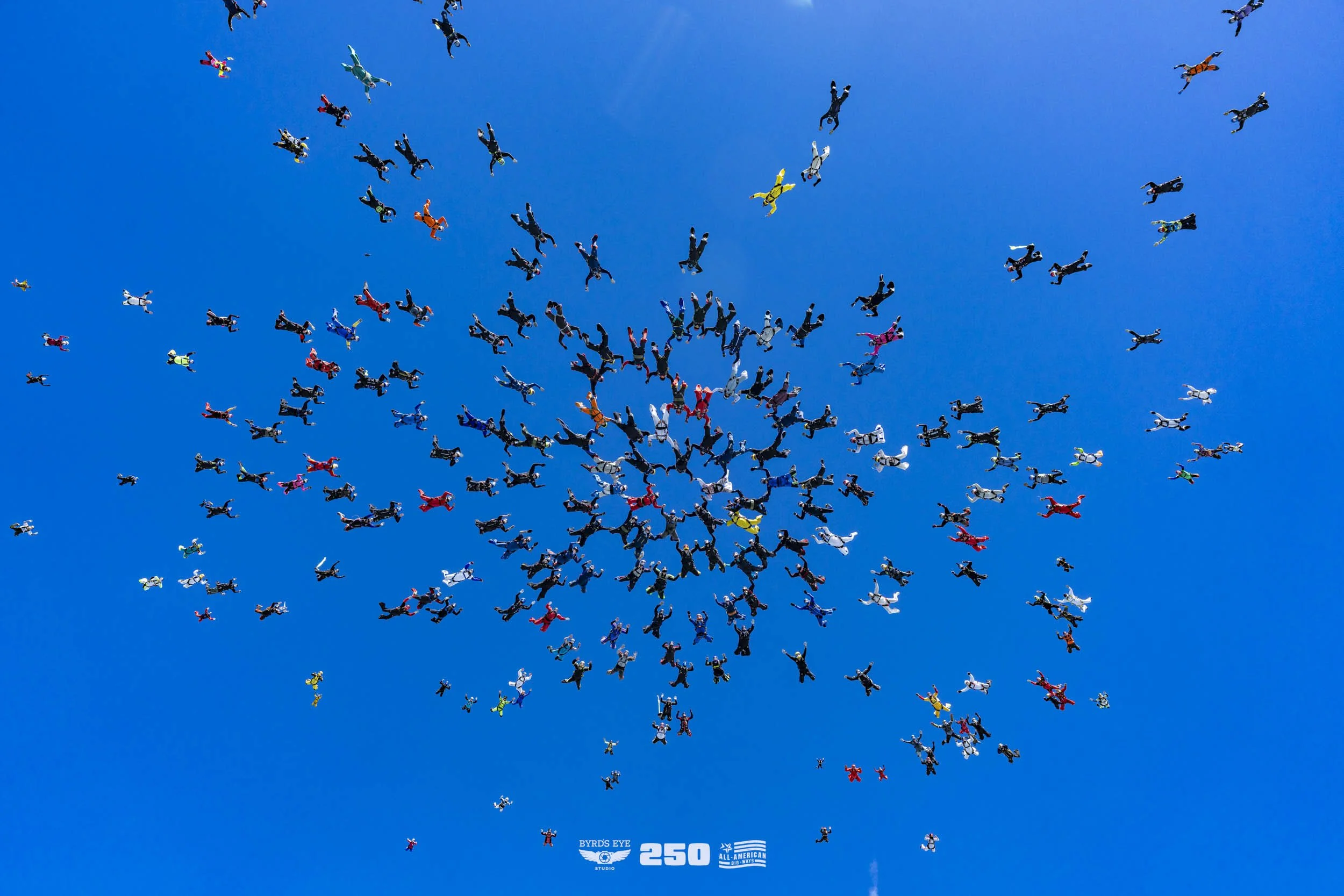 A formation of numerous skydivers in their jumpsuits and parachutes, caught mid-air against a clear blue sky during a large group freefall event.