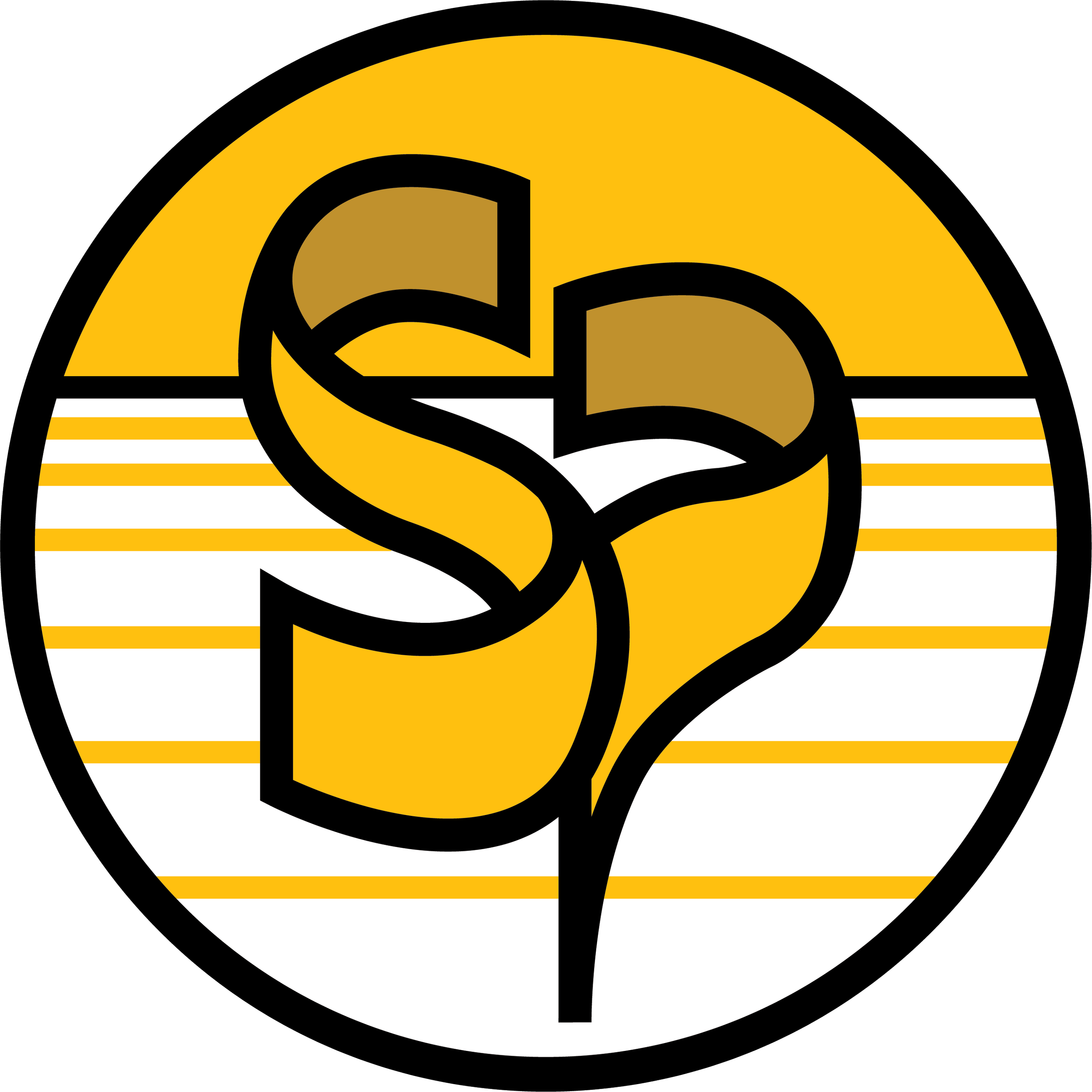 A circular logo with a yellow background and black border. Inside, there is a stylized yellow and black flower with a black stem in the center. The background features horizontal white and yellow stripes.