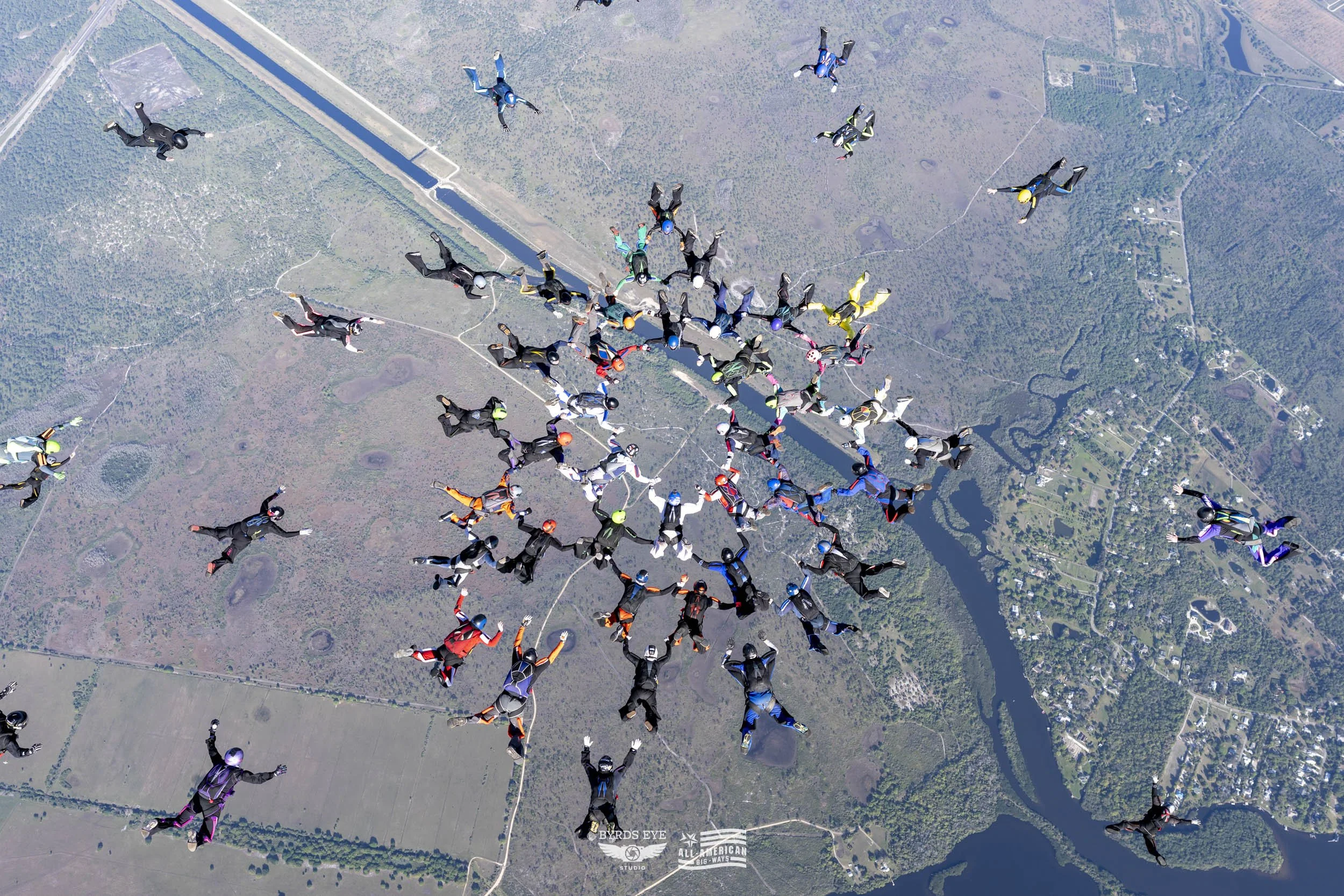 Group of skydivers in free fall over a landscape, forming a large circle with some scattered outside the formation, with visible fields, water bodies, and a bridge below.