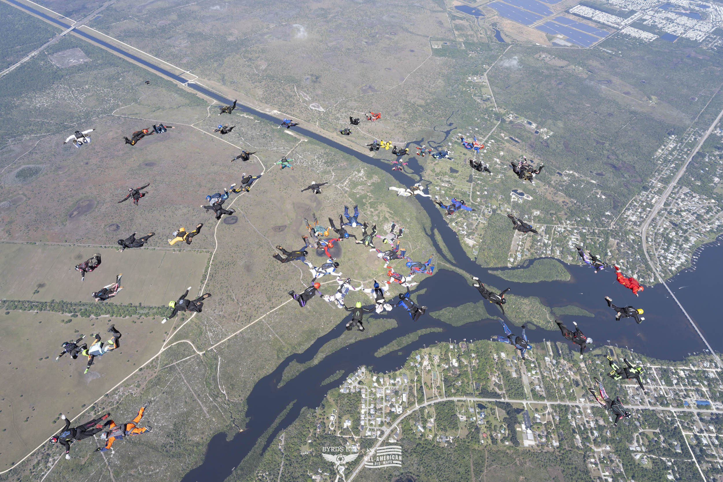 Group of skydivers in free fall over a river, landscape, and residential areas, with some skydivers in colorful jumpsuits and parachutes.