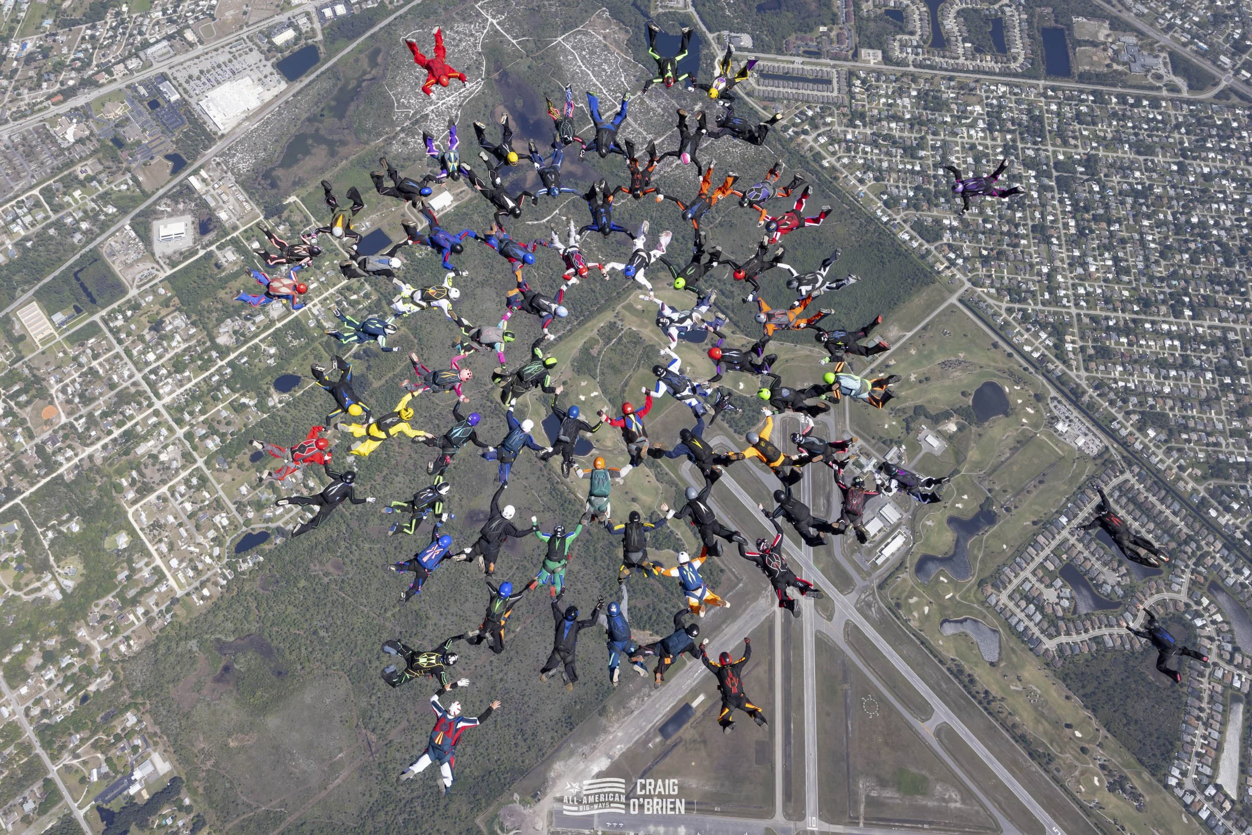 A group of skydivers in colorful jumpsuits forming a large human rainbow pattern during a tandem skydive over a city and green landscape.