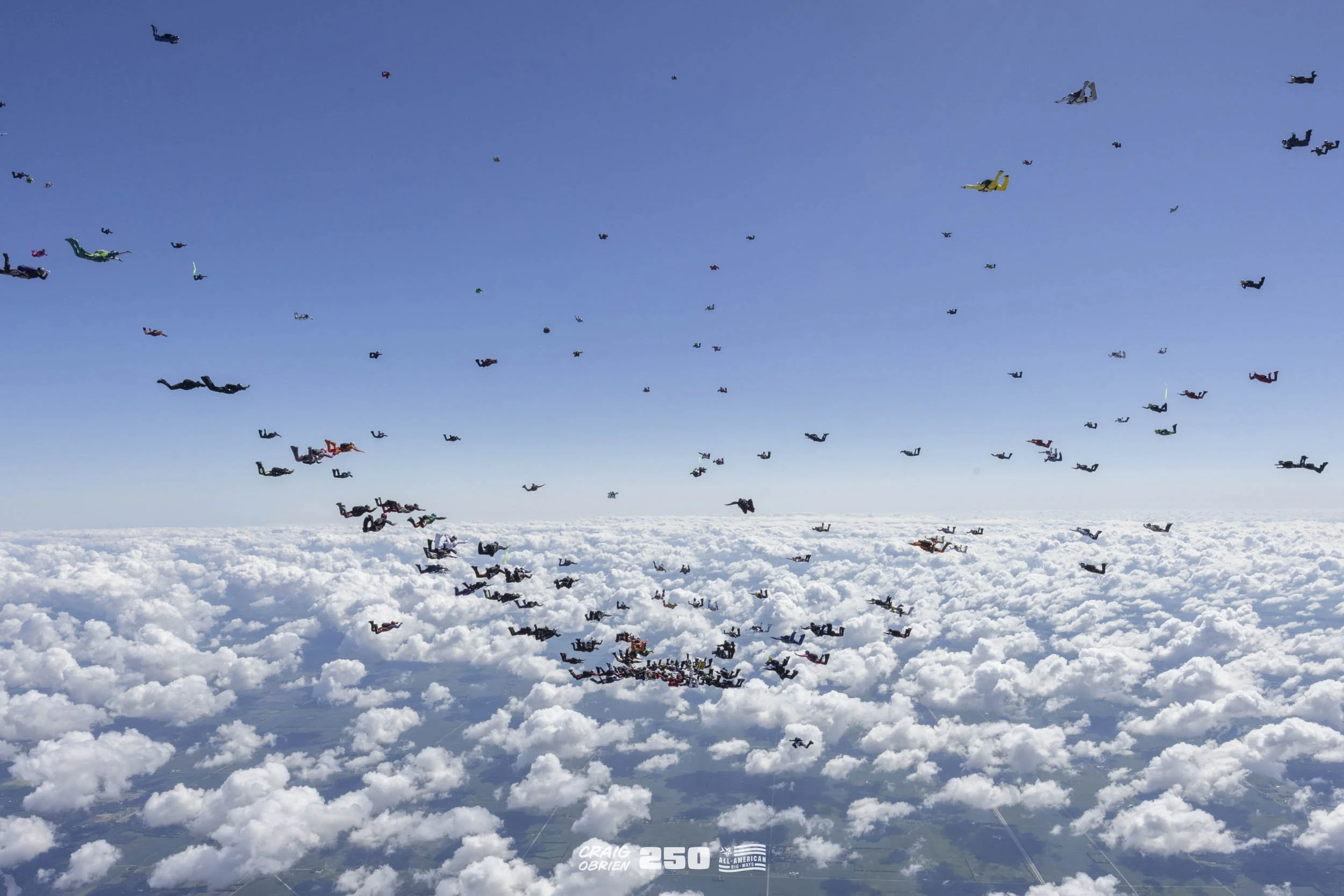A large group of skydivers in various colorful suits and gear are free-falling in the sky above the clouds during daytime.