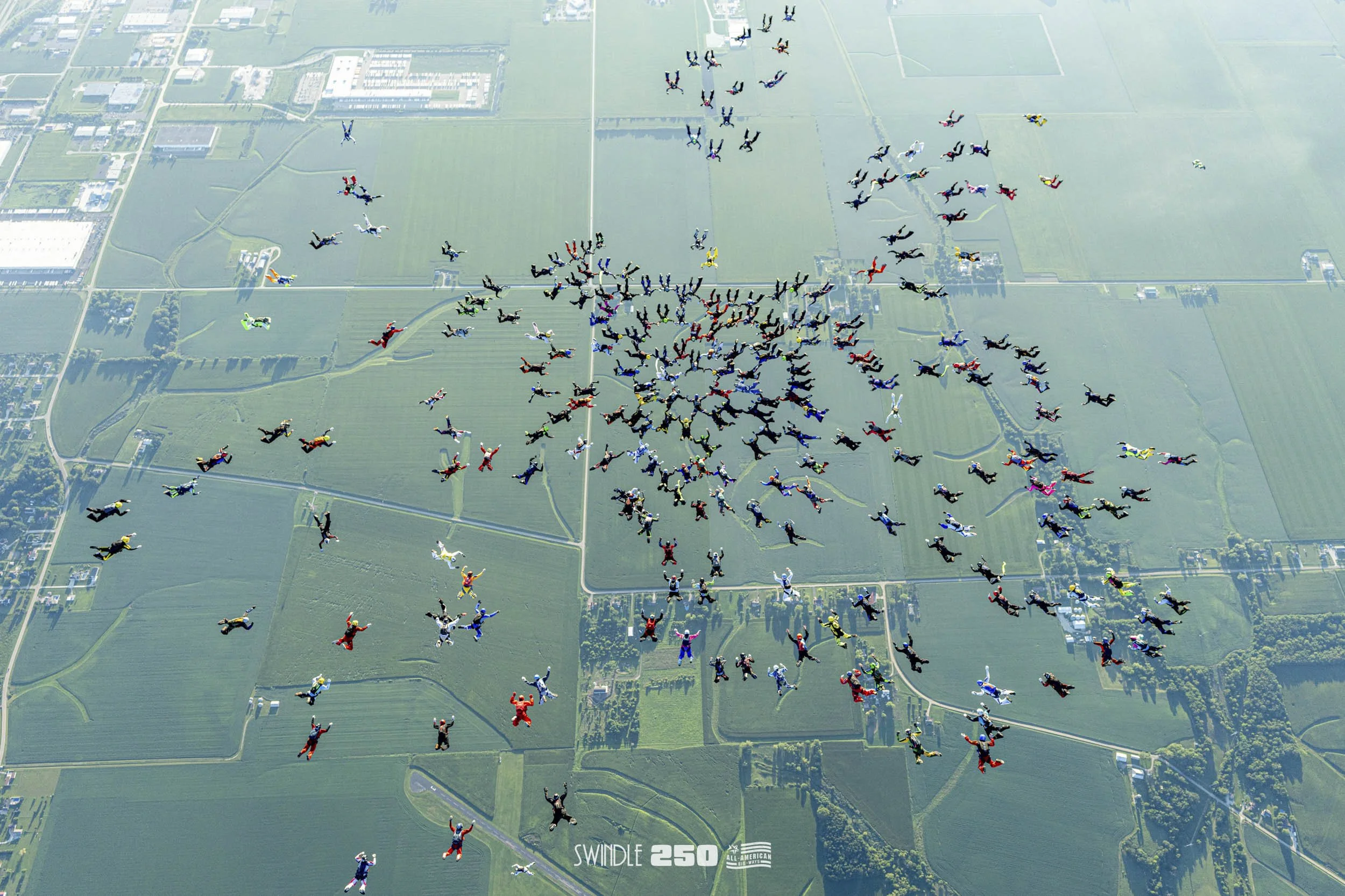 A large group of skydivers in colorful jumpsuits descending in formation over a green landscape, with some people in the landing area preparing.