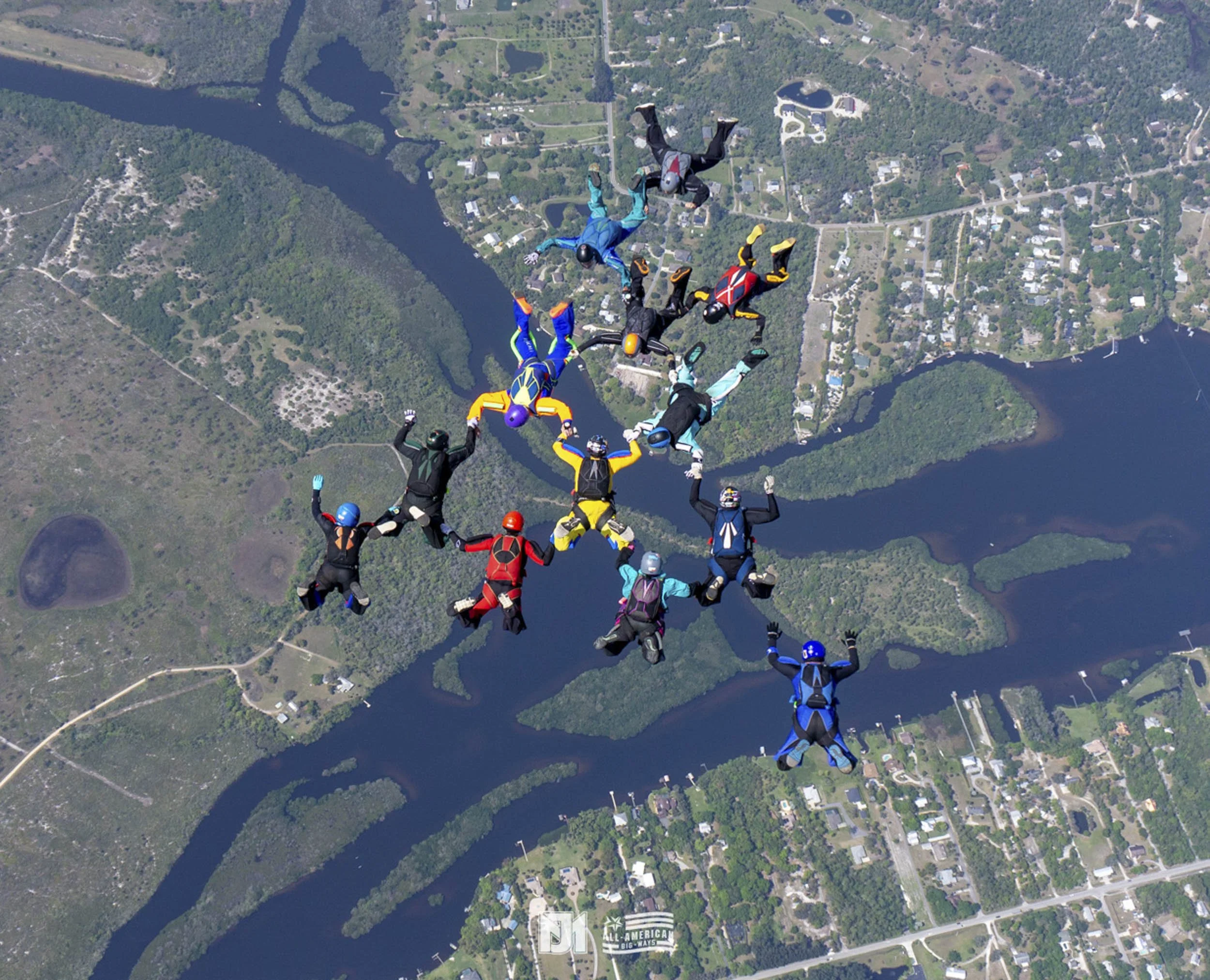 A group of skydivers in colorful jumpsuits and helmets are in freefall formation over a landscape with rivers, forests, and roads.