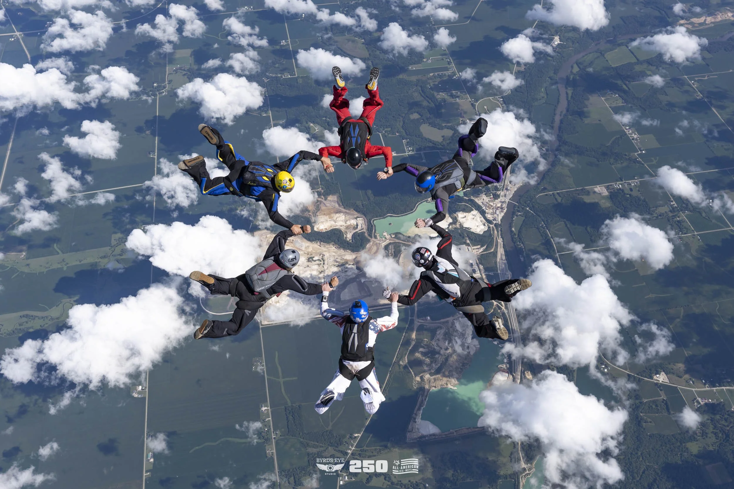 Group of skydivers forming a circle while free-falling above the landscape with clouds, trees, and water bodies visible below.