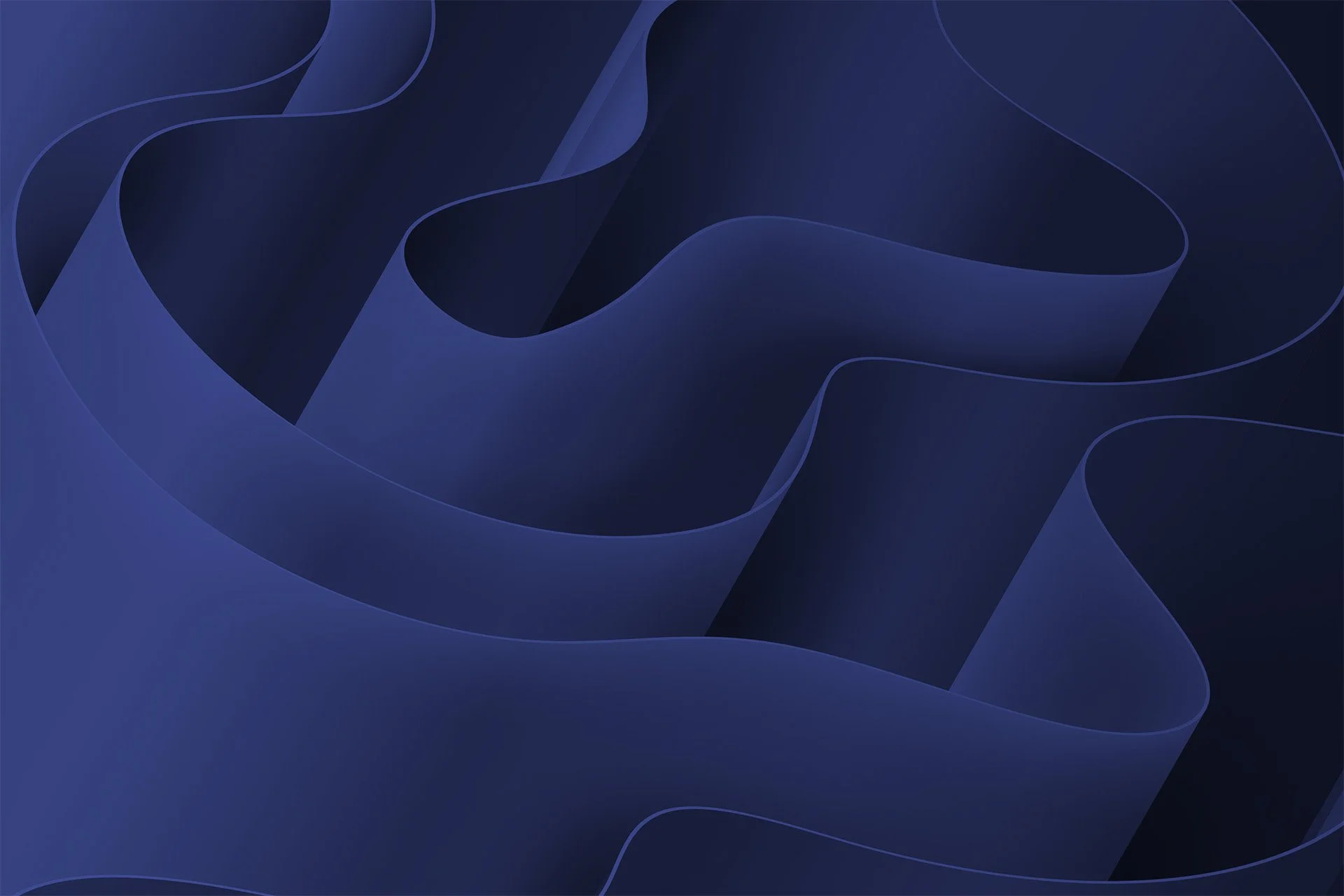 Abstract dark blue background with flowing ribbon-like shapes and subtle gradient shading.