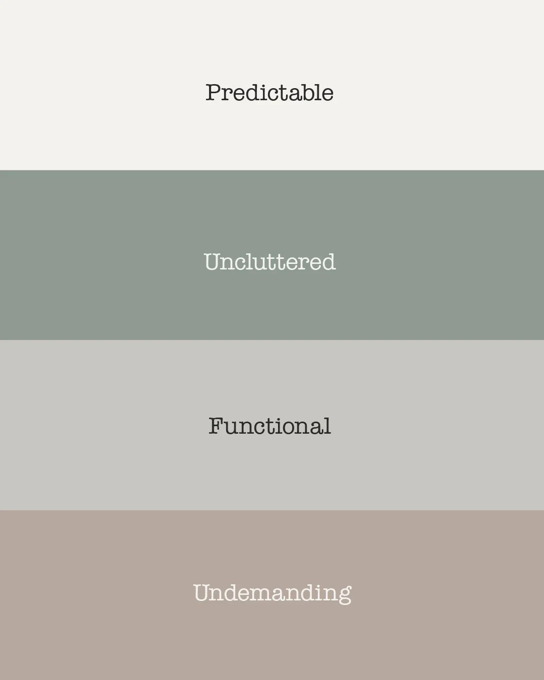 Colour palette for The Usual café brand showing four values: Predictable, Uncluttered, Functional, and Undemanding.