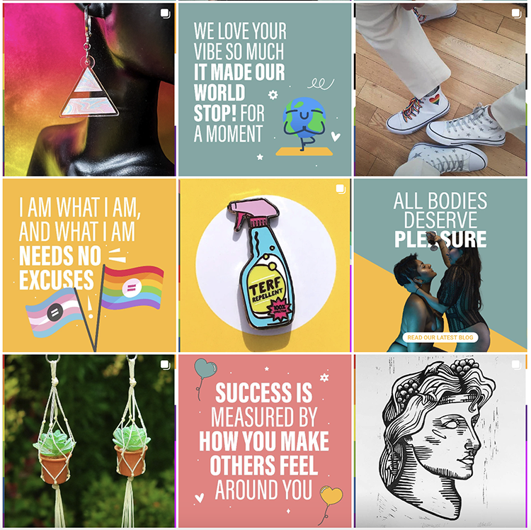 Collage of nine images with inspirational quotes, accessories, and artwork, including earrings, motivational messages, sneakers, a perfume bottle, a couple embracing, plant hangers, and a drawing of a woman's profile.