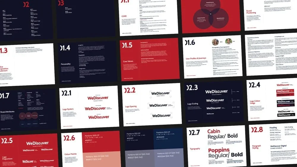 Image of multiple presentation slides and pages with text, diagrams, and design elements in red, white, and navy blue, related to brand positioning, logo system, core values, user profiles, and typography.