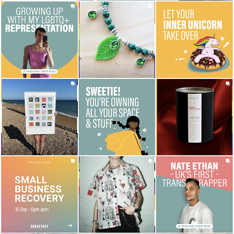 A collage of nine images including a person taking a mirror selfie, jewelry with green beads and leaf, cartoon unicorn with rainbow, person holding framed artworks on beach, cartoon girl with braids, black mug with a white label, promotional poster for small business recovery event, person in patterned shirt with watch, and LGBTQ+ pride individual.