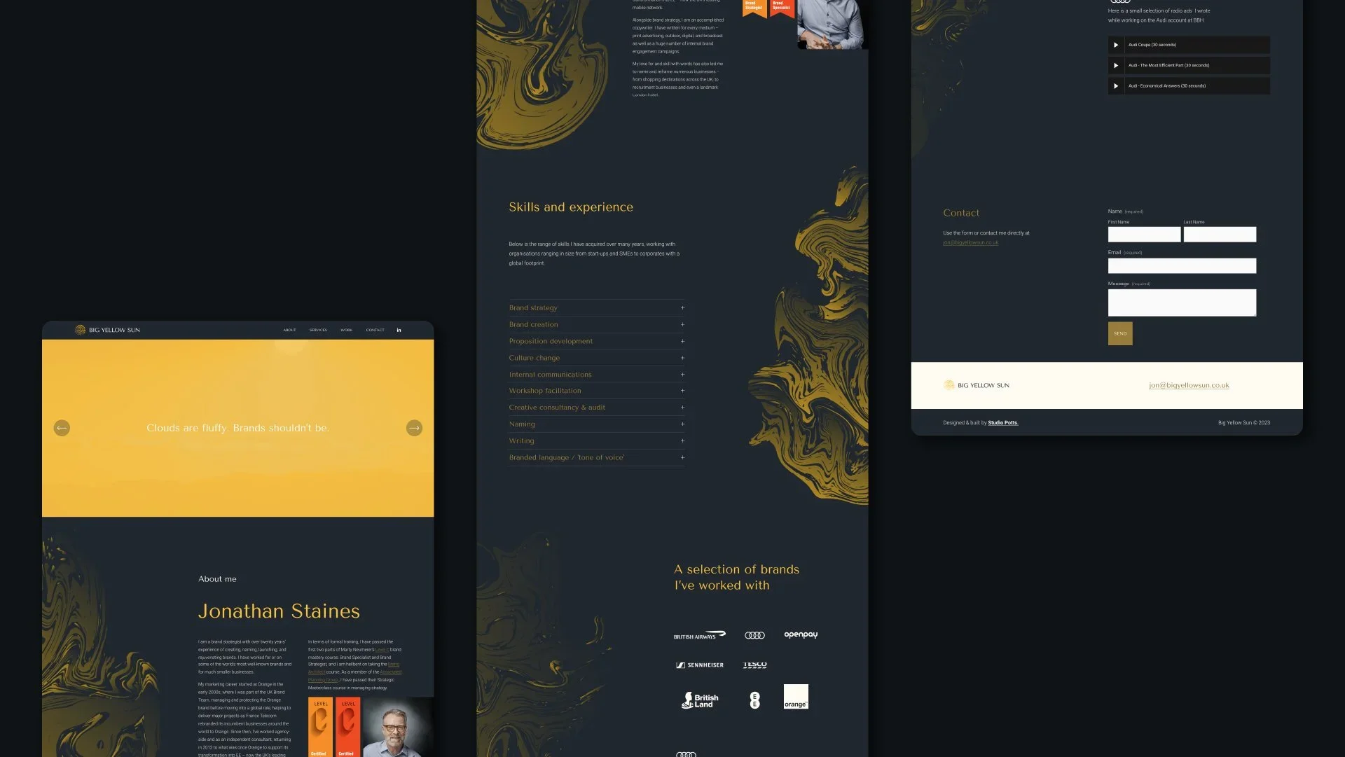 A dark-themed website mockup for Big Yellow Sun featuring a navigation menu, a quote saying 'Clouds are fluffy. Brands shouldn’t be.', a section about Jonathan Staines with a brief biography and certification icons, a skills and experience section with expandable lists, a brands they worked with including British Airways and Tesco, and a contact form with fields for name, email, message, and a submission button.