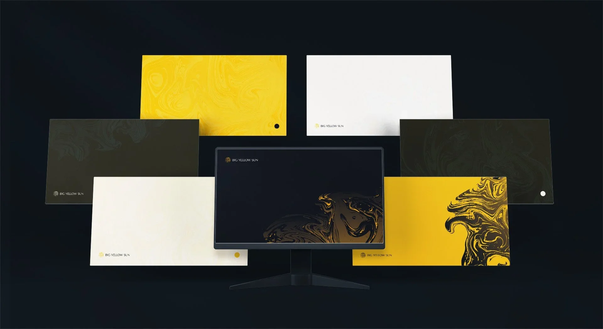 Multiple color palette samples, including black, white, and yellow with black swirls, arranged around a computer monitor with a matching black and yellow swirling design on the screen. The palettes are labeled "Big Yellow Sun."