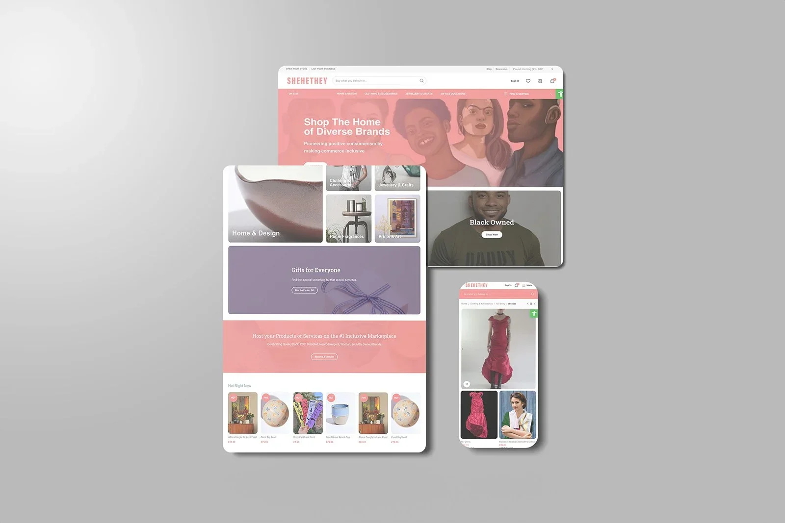 Screenshot of an online shopping website featuring diverse brands, selling home decor, jewelry, crafts, and clothing, with a focus on Black-owned businesses, including a woman in a pink dress.