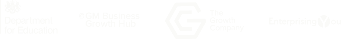 Black banner featuring logos and text of the UK Department for Education, GM Business Growth Hub, The Growth Company, and Enterprising You.